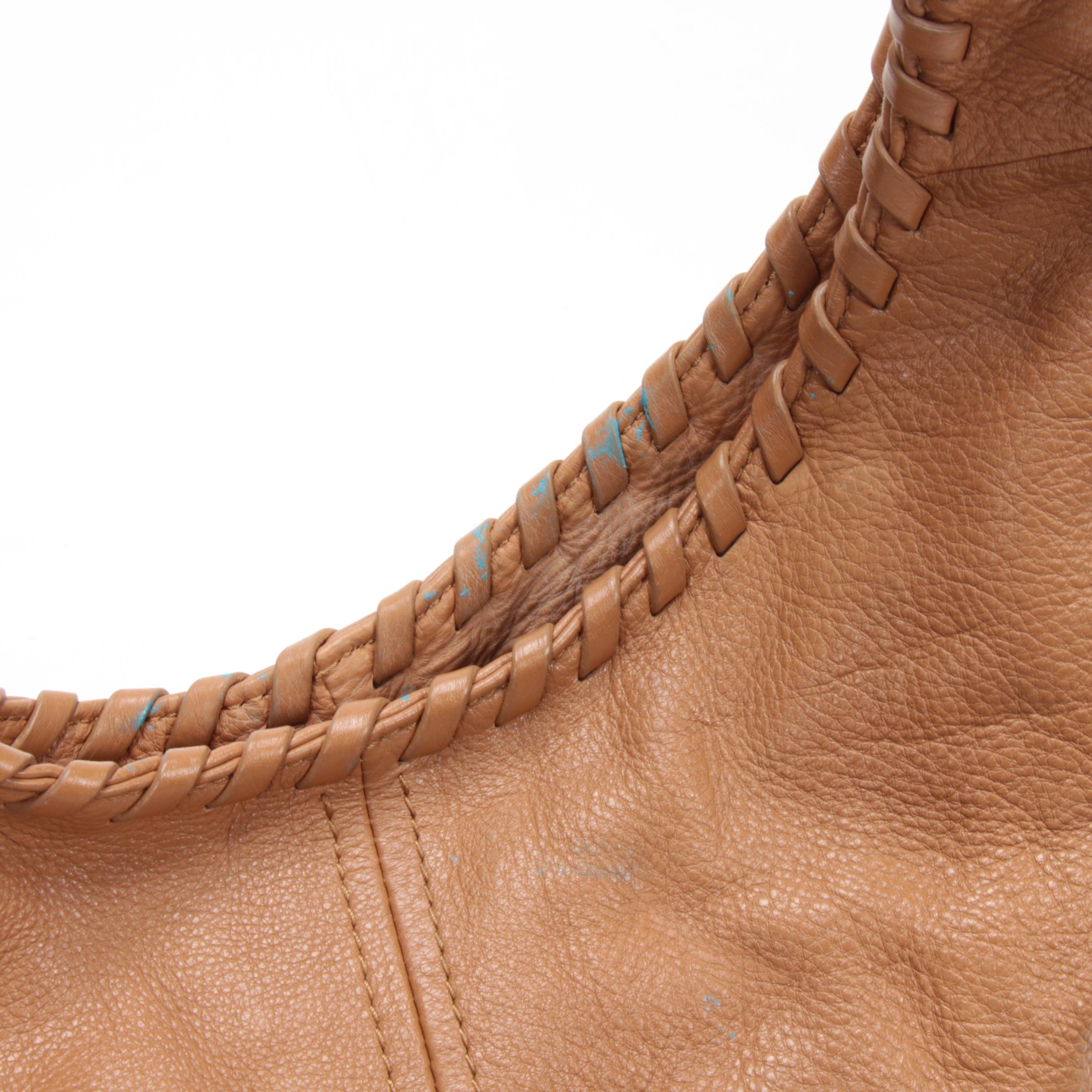 Tory Burch Hobo Shoulder Bag in Camel Pebbled Leather with Whipstitch Trim