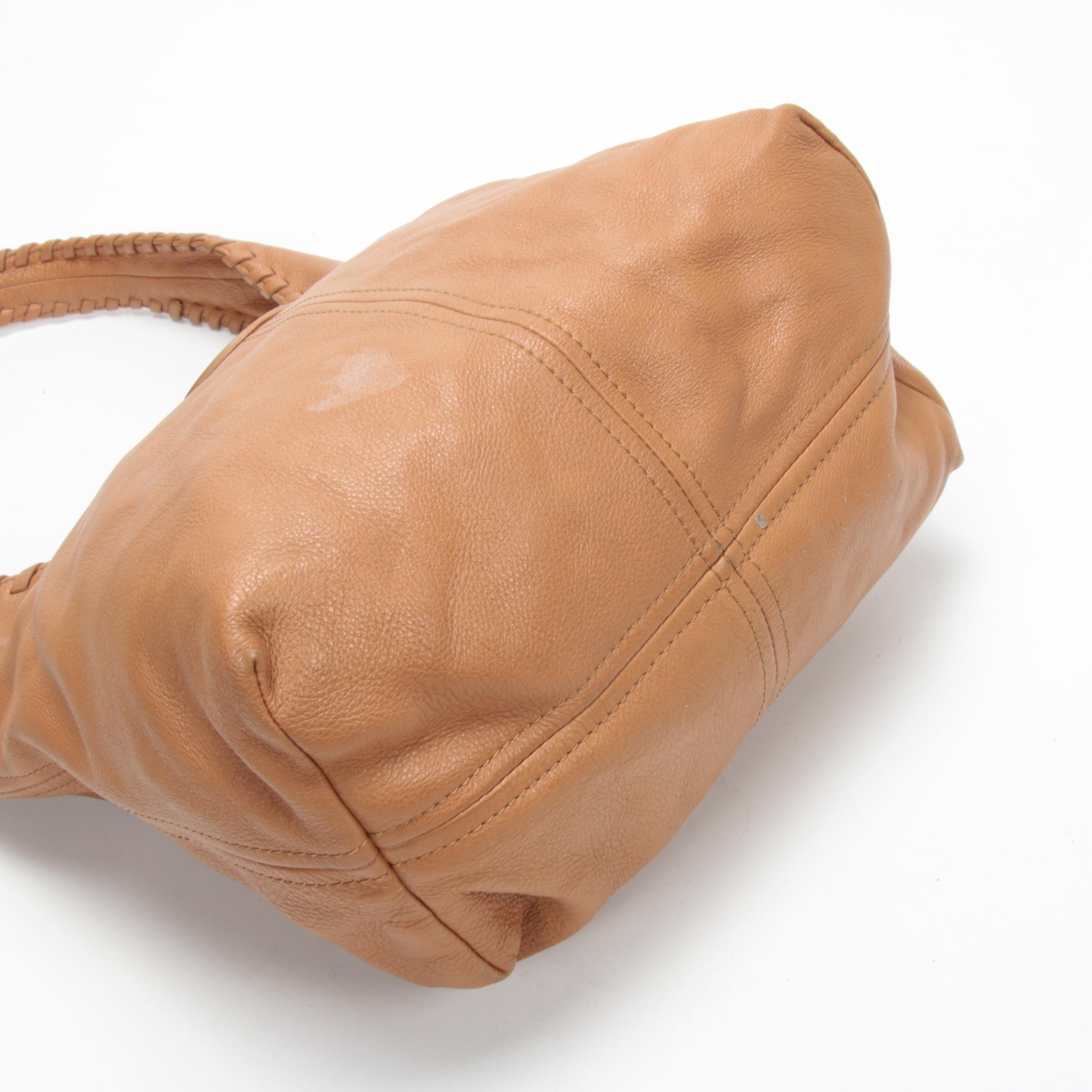 Tory Burch Hobo Shoulder Bag in Camel Pebbled Leather with Whipstitch Trim