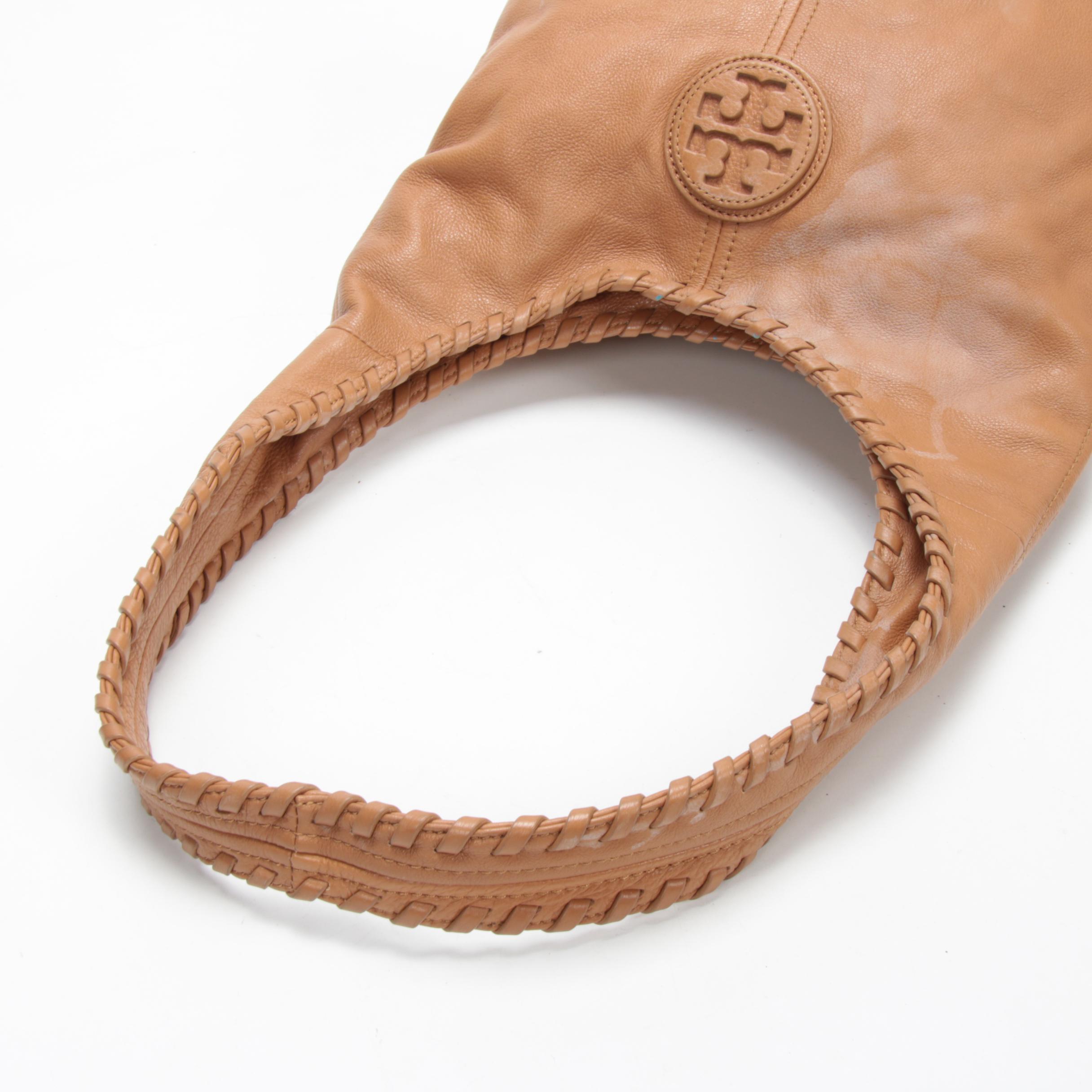 Tory Burch Hobo Shoulder Bag in Camel Pebbled Leather with Whipstitch Trim