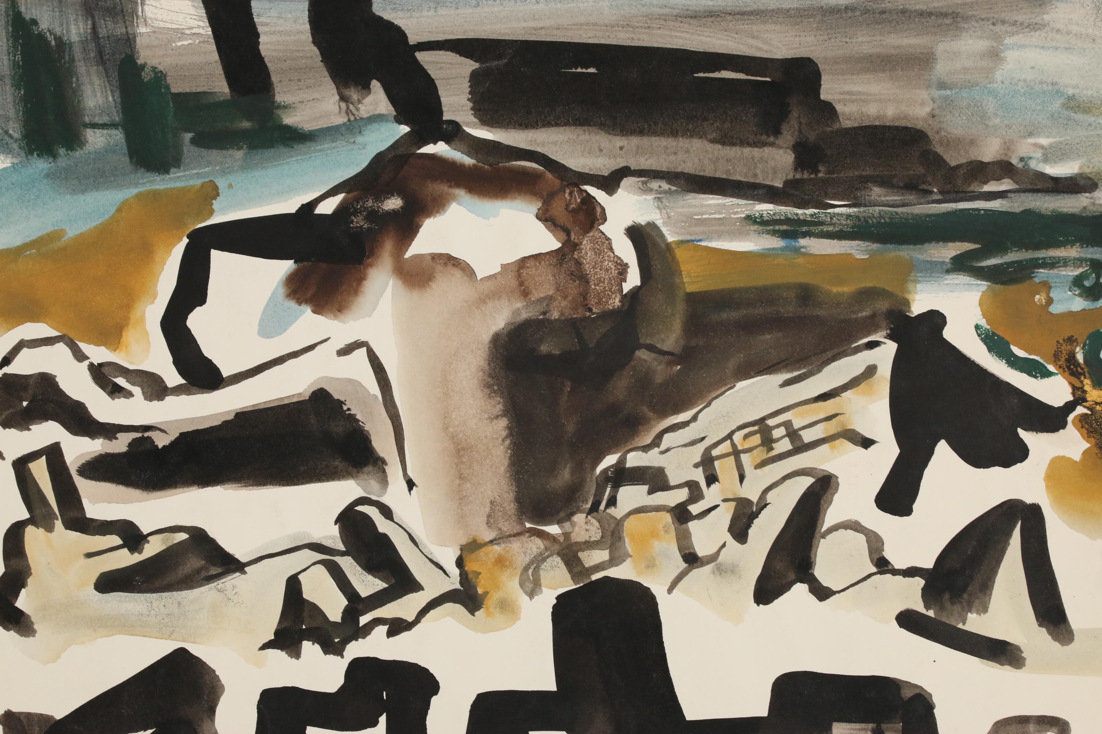 Yolanda Fusco Abstract Watercolor Paintings and India Ink Drawing, 20th Century