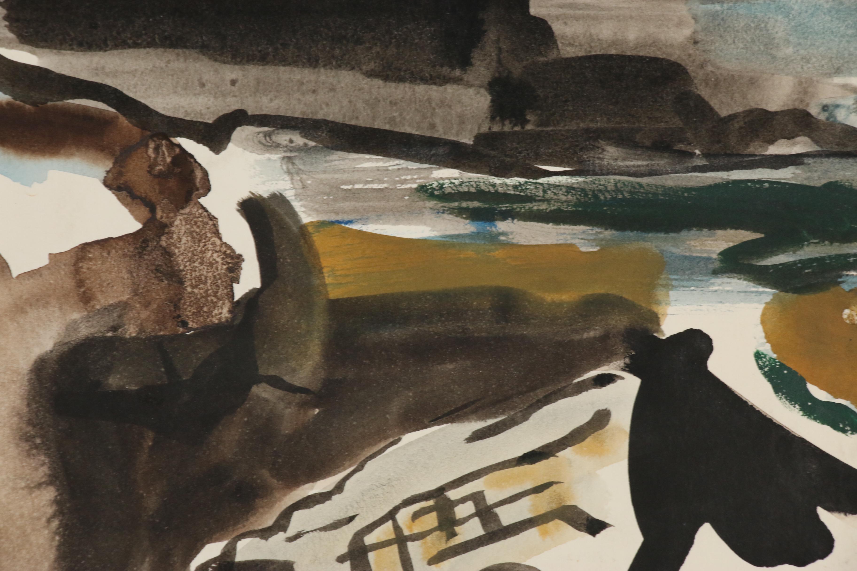 Yolanda Fusco Abstract Watercolor Paintings and India Ink Drawing, 20th Century