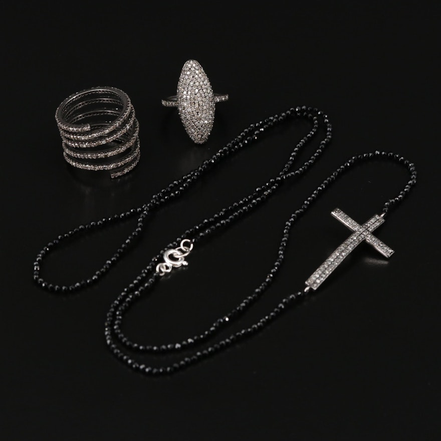 Sterling Silver Cross Necklace and Rings with Diamonds and Spinel