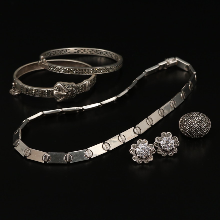Sterling Silver Cubic Zirconia and Marcasite Bracelets, Earrings and Necklace