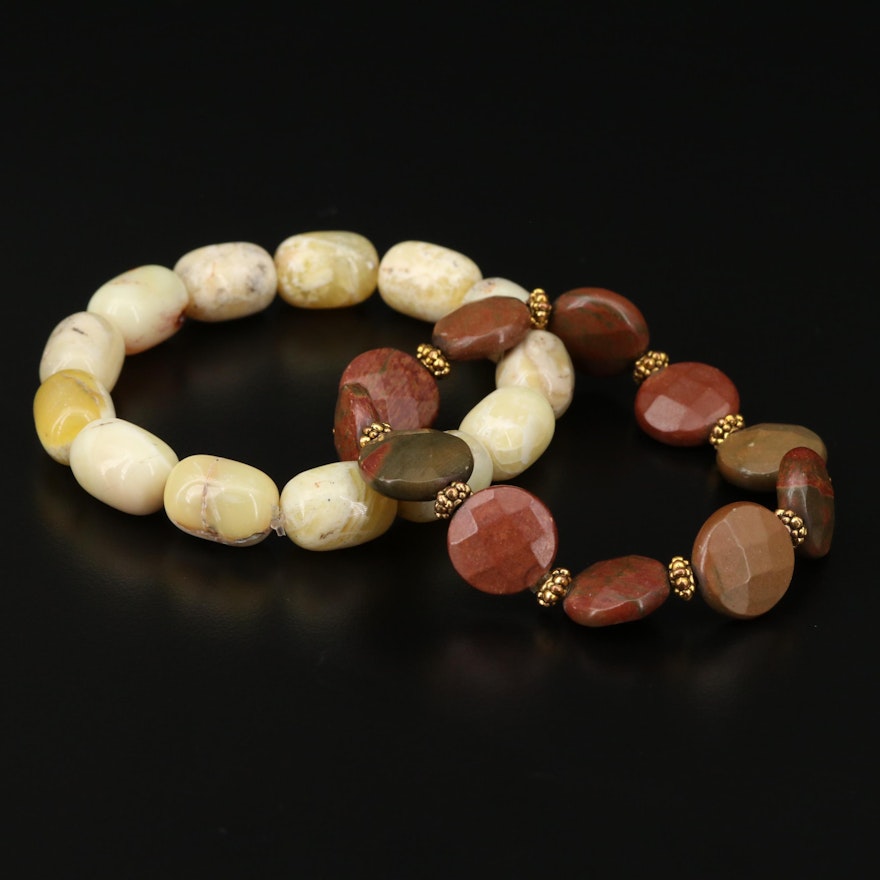 Carved Common Opal and Jasper Expandable Bracelets