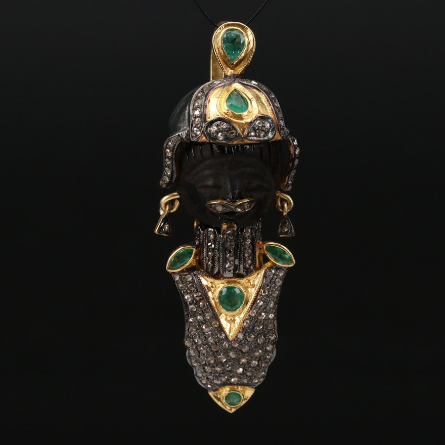 Sterling Emerald, Wood and Diamond Figural Pendant