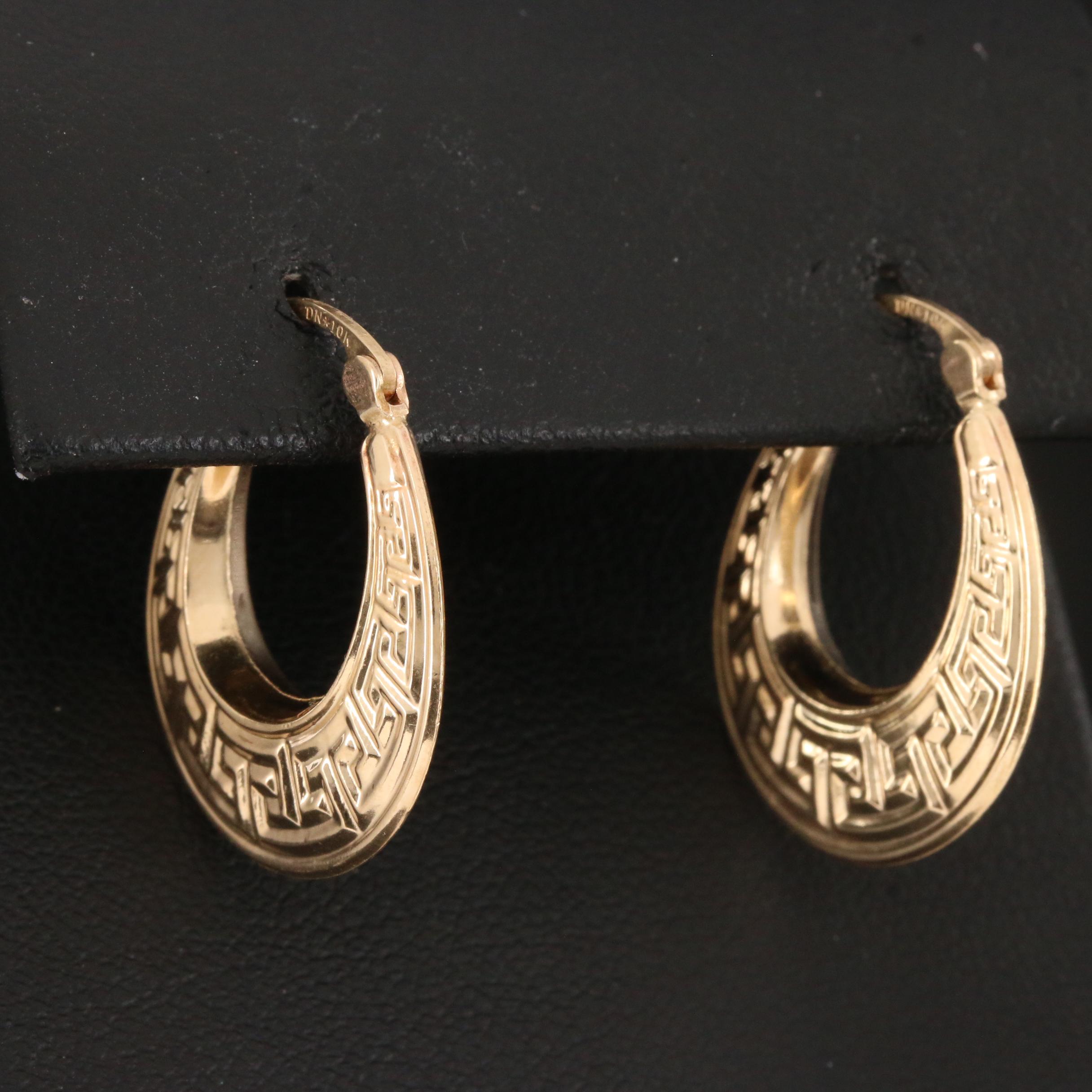10K Yellow Gold Hoop Earrings with Greek Key Motif