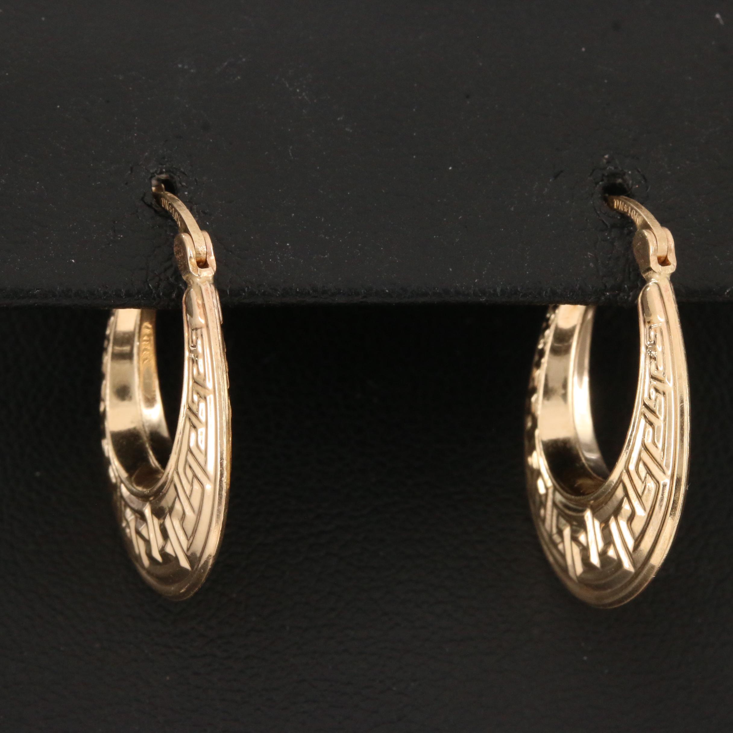10K Yellow Gold Hoop Earrings with Greek Key Motif