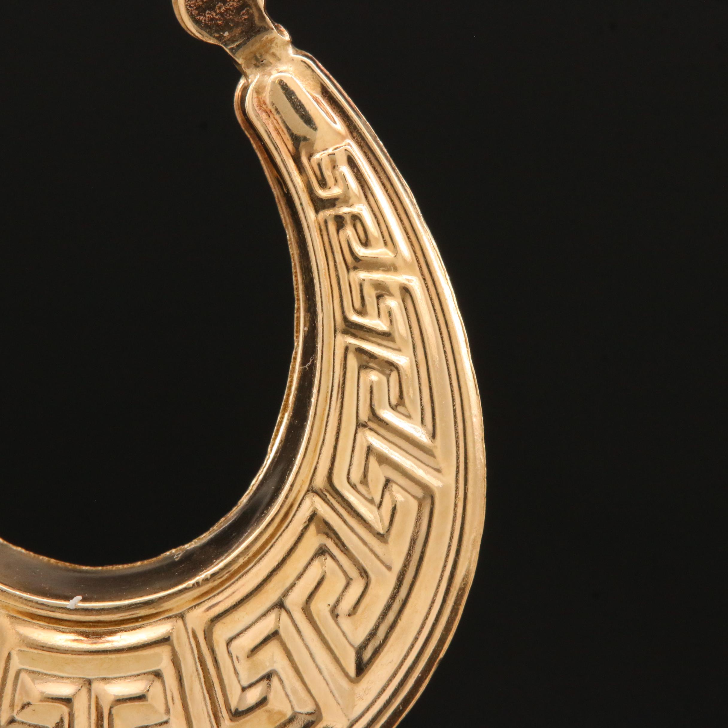 10K Yellow Gold Hoop Earrings with Greek Key Motif