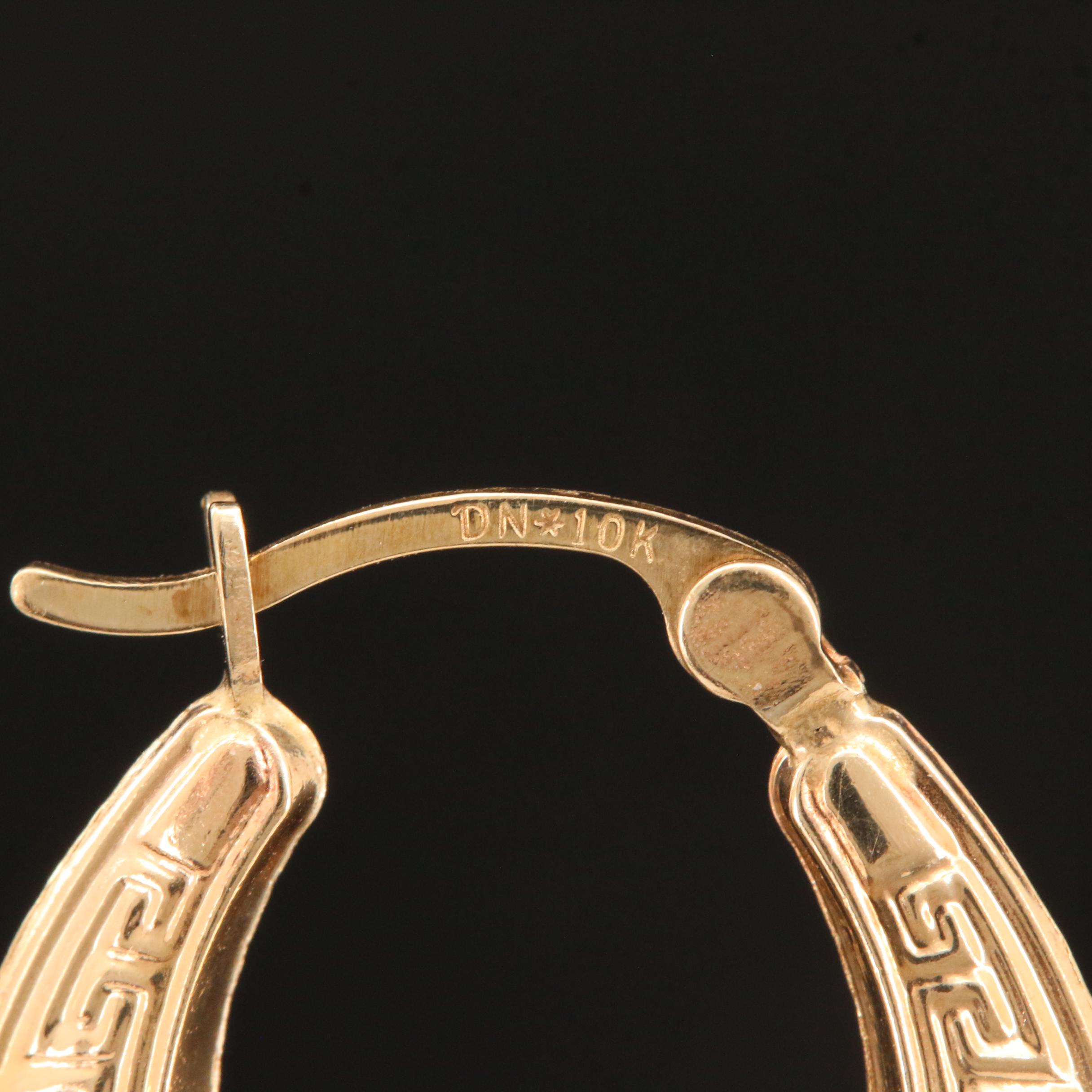 10K Yellow Gold Hoop Earrings with Greek Key Motif