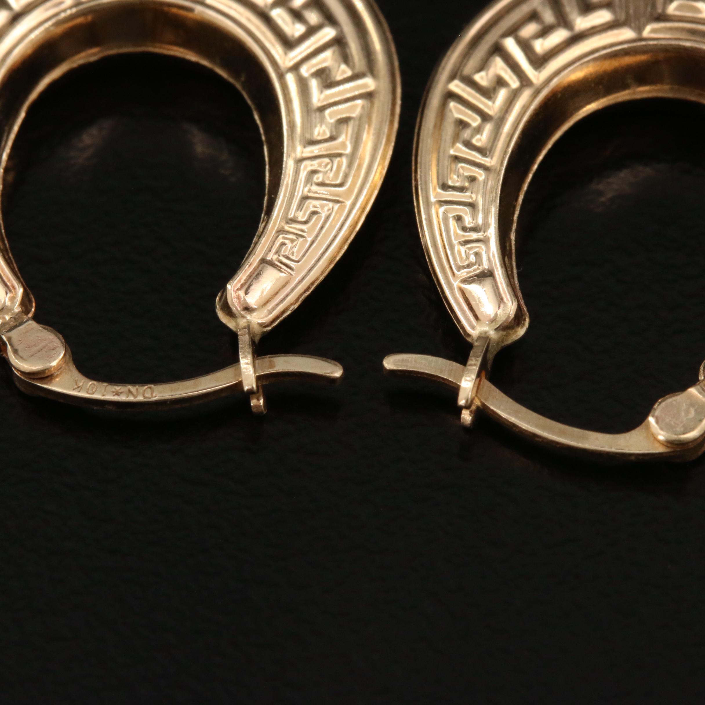 10K Yellow Gold Hoop Earrings with Greek Key Motif