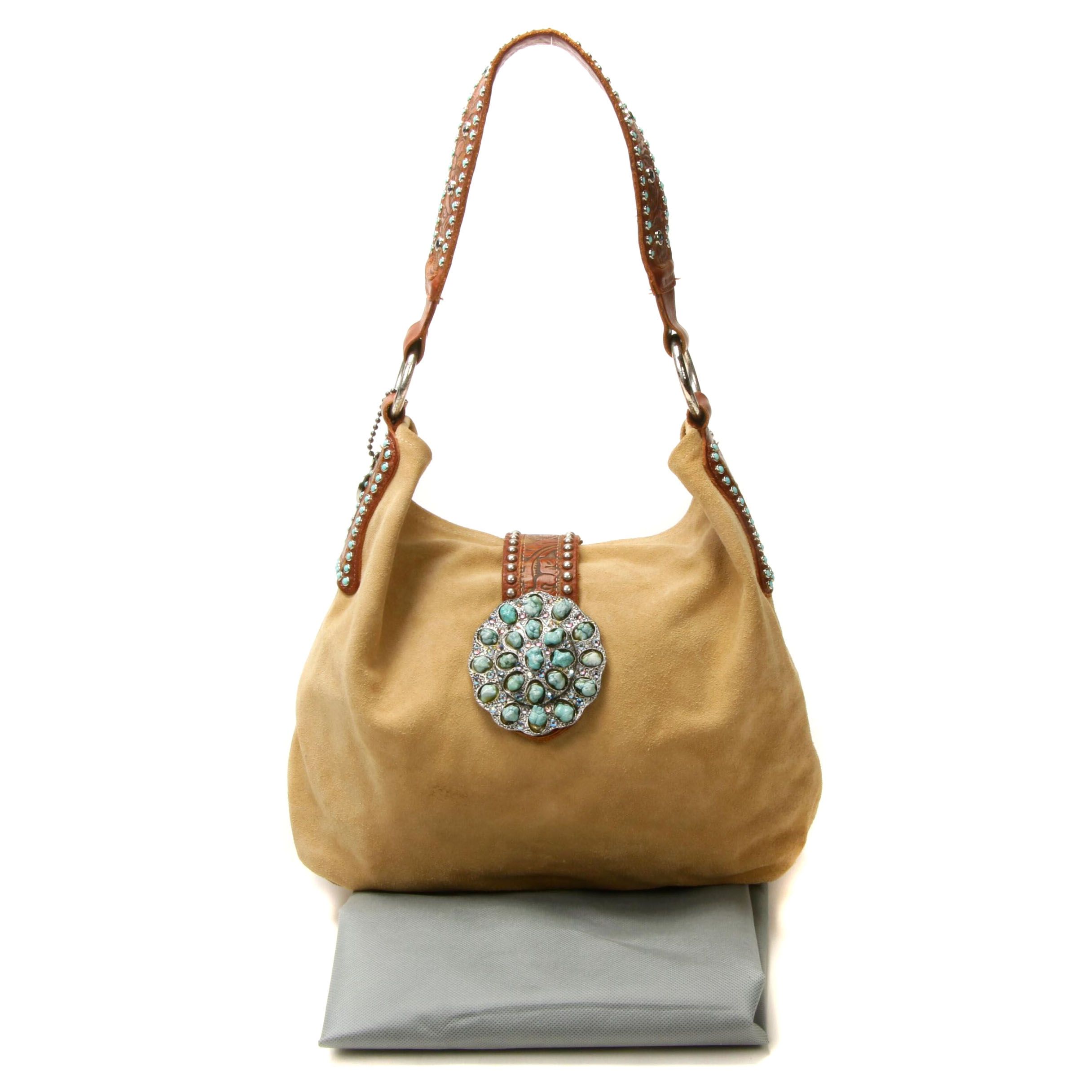 Leatherock Embellished Beige Suede with Tooled Leather Strap Shoulder Bag
