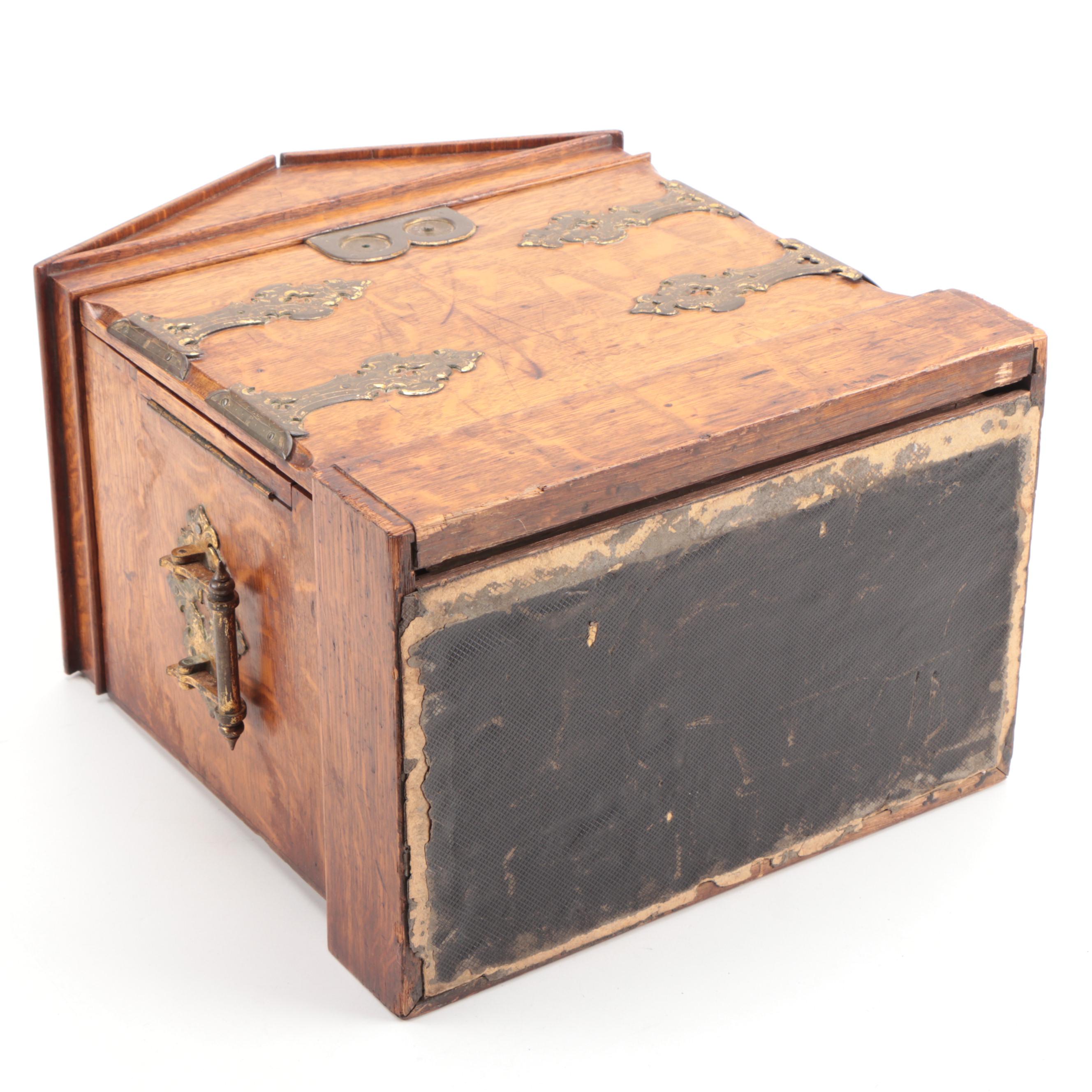 Victorian Tiger Oak and Brass Gentleman's English Humidor,  Mid-Late 19th C.