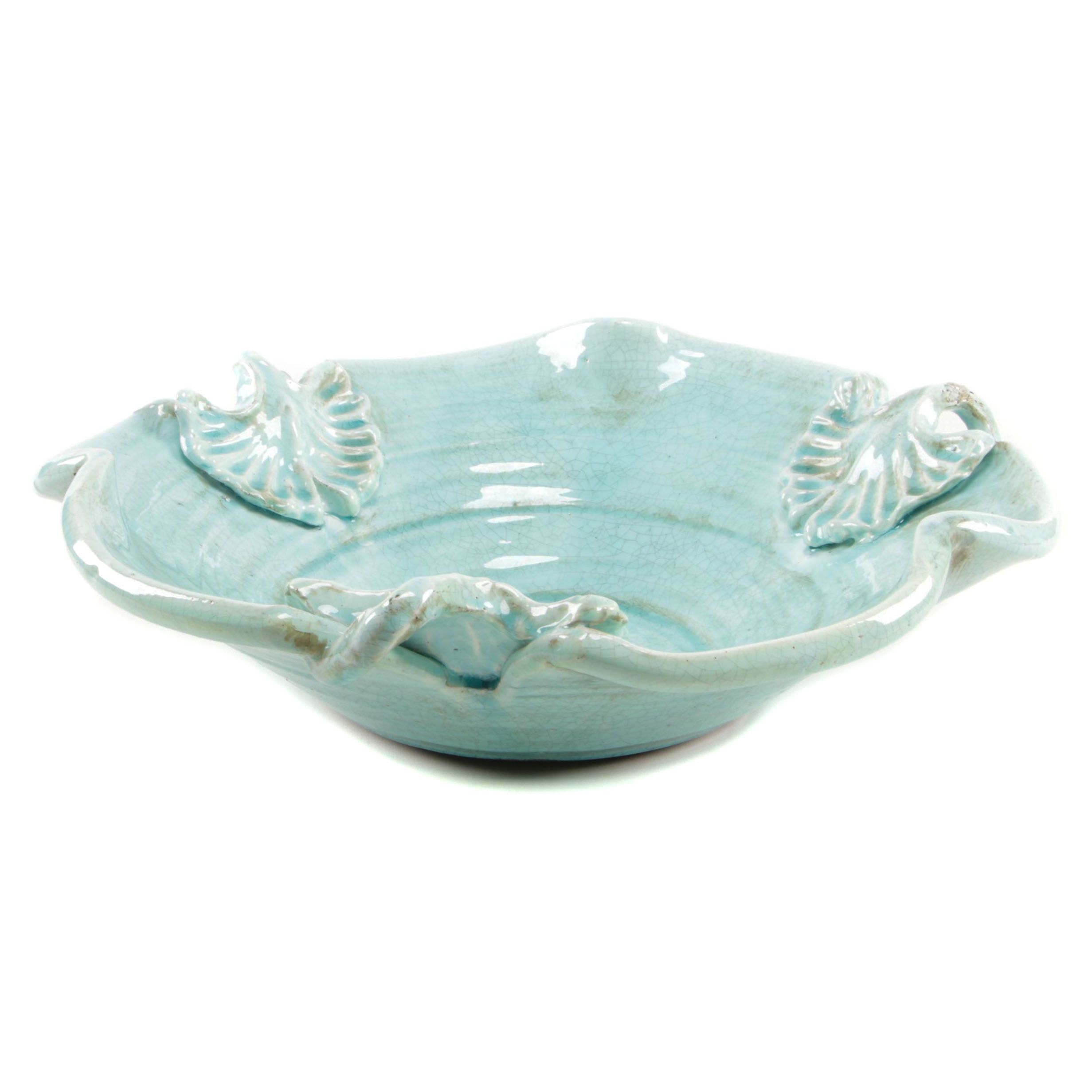 Aqua Ruffled Leaf Crackle Glaze Pottery Bowl Planter