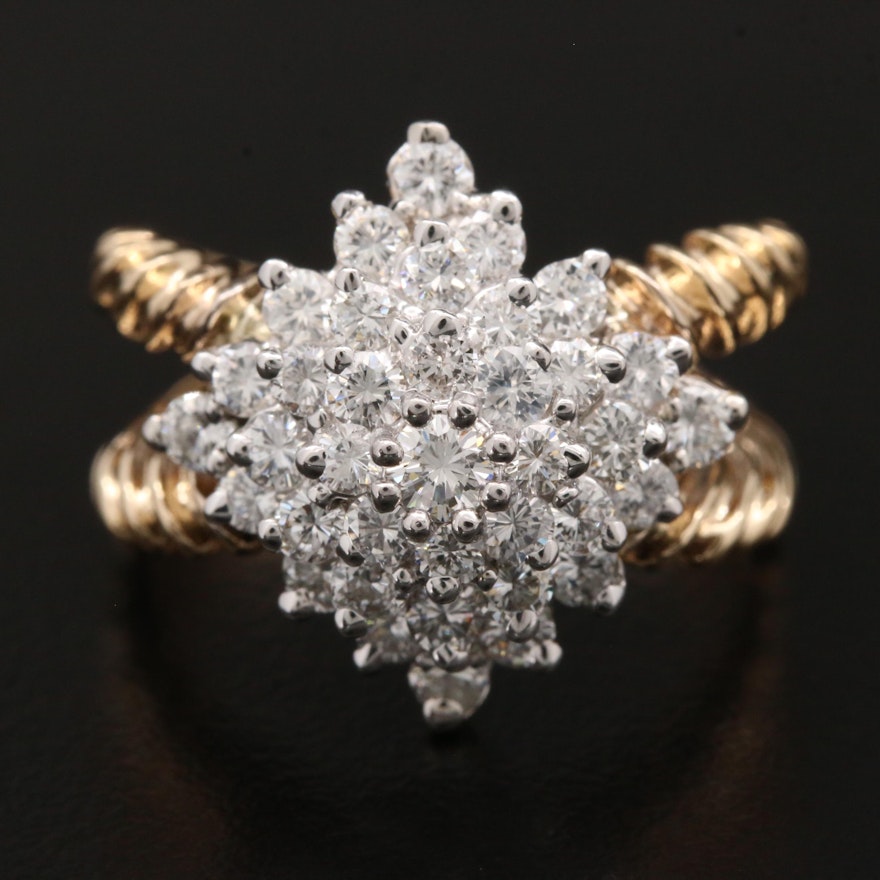 14K Yellow Gold 1.90 CTW Diamond Cluster Ring With Split Shank