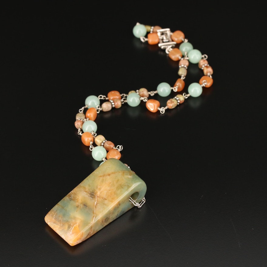 Sterling Silver Necklace with Nephrite, Aventurine and Quartz