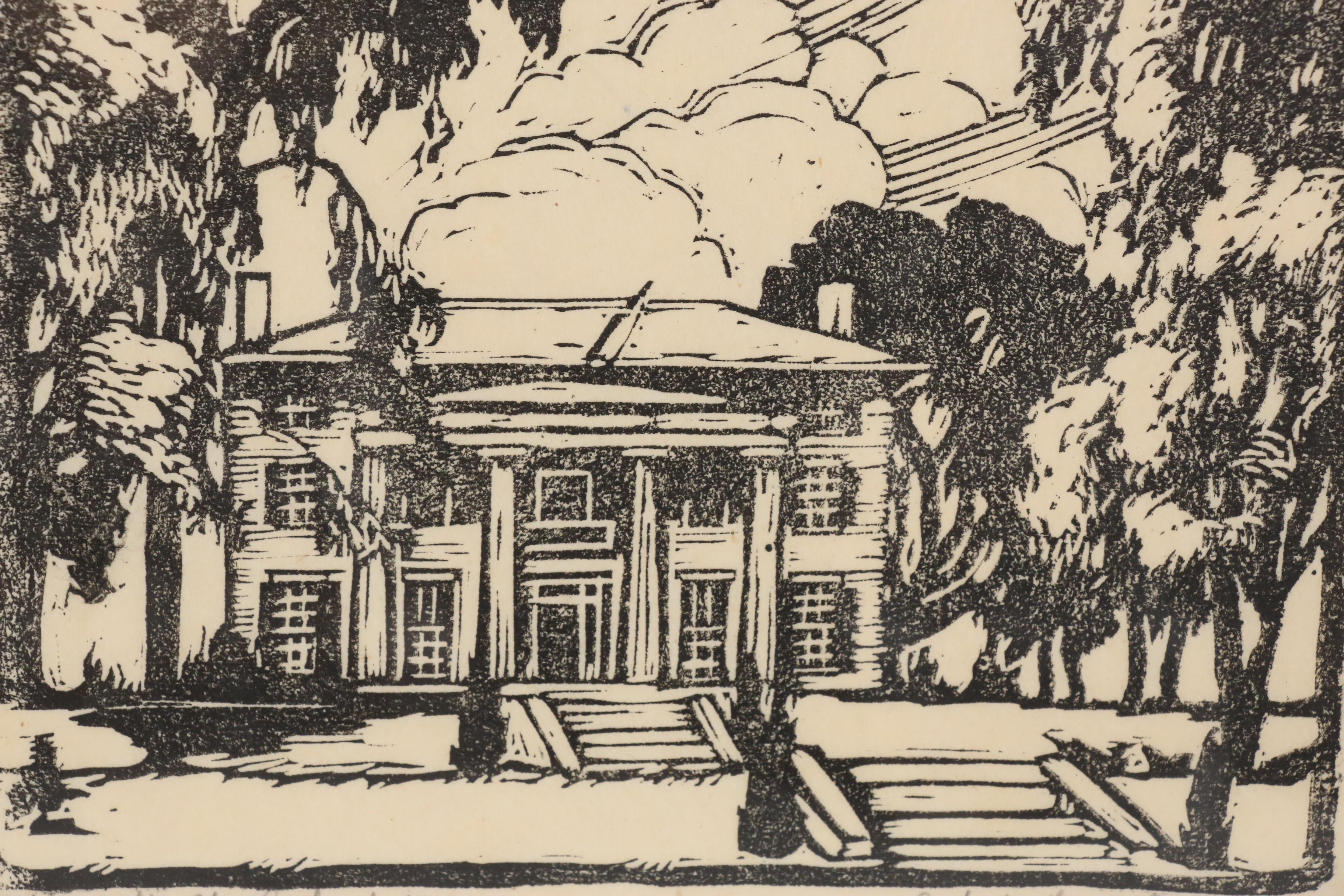 Ruth Haviland Sutton Linocut "Alpha Delta Phi, Amherst, Massachusetts"