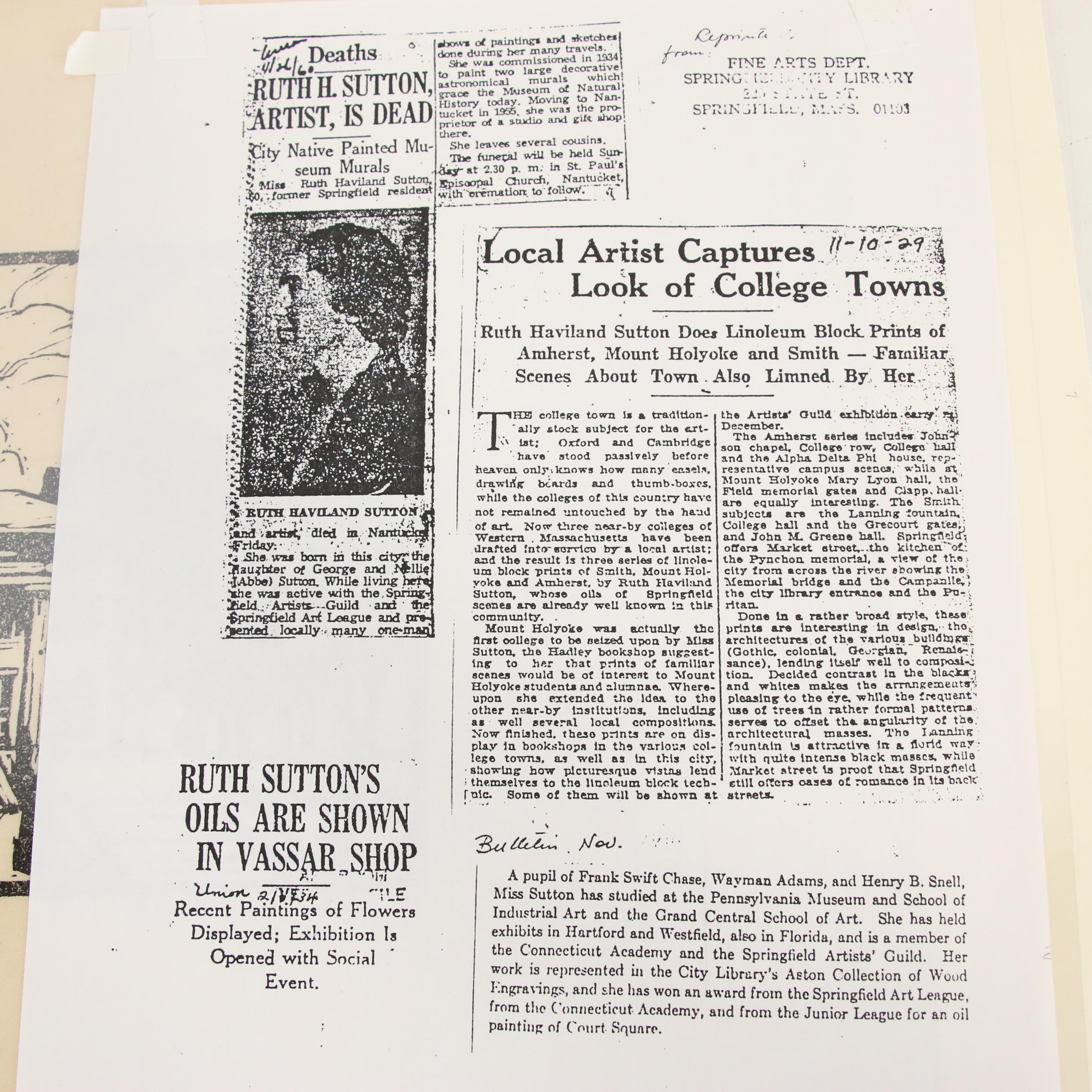 Ruth Haviland Sutton Linocut "Alpha Delta Phi, Amherst, Massachusetts"