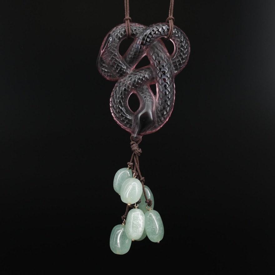 Lalique Purple Crystal Coiled Snake with Aventurine Pendant Necklace