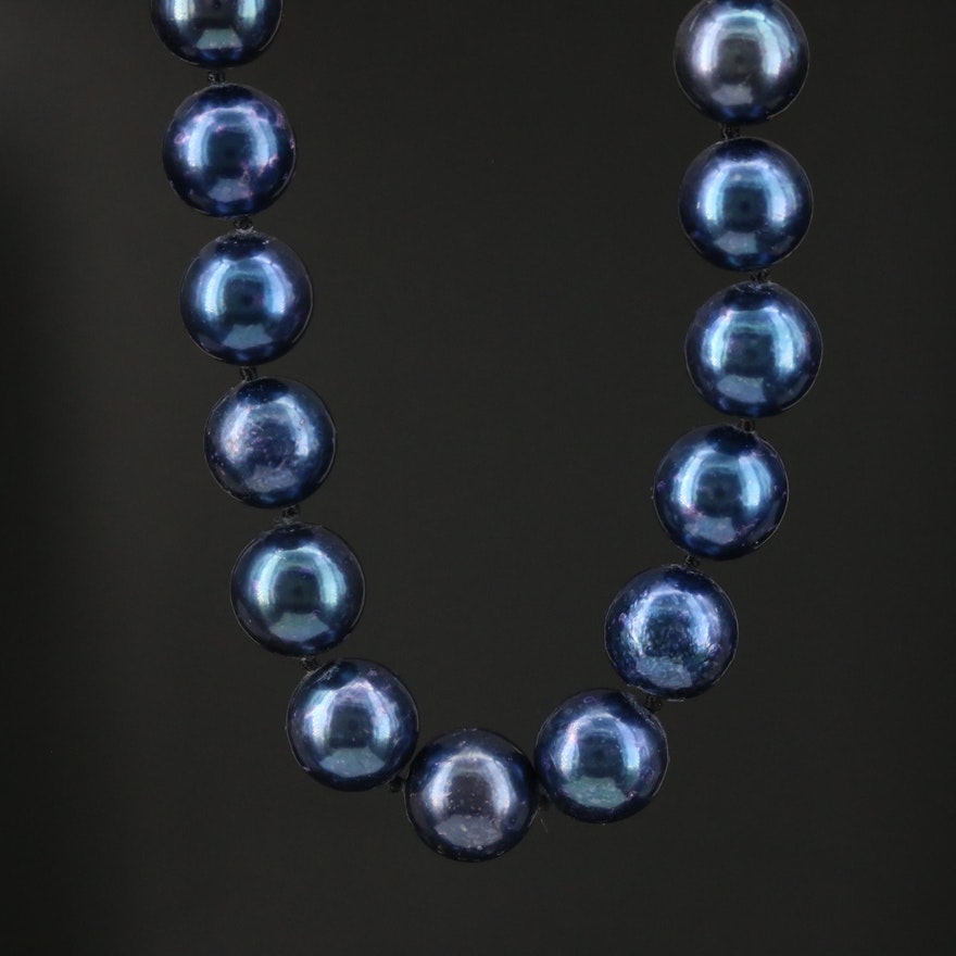 Blue Pearl Knotted Necklace with 14K Clasp