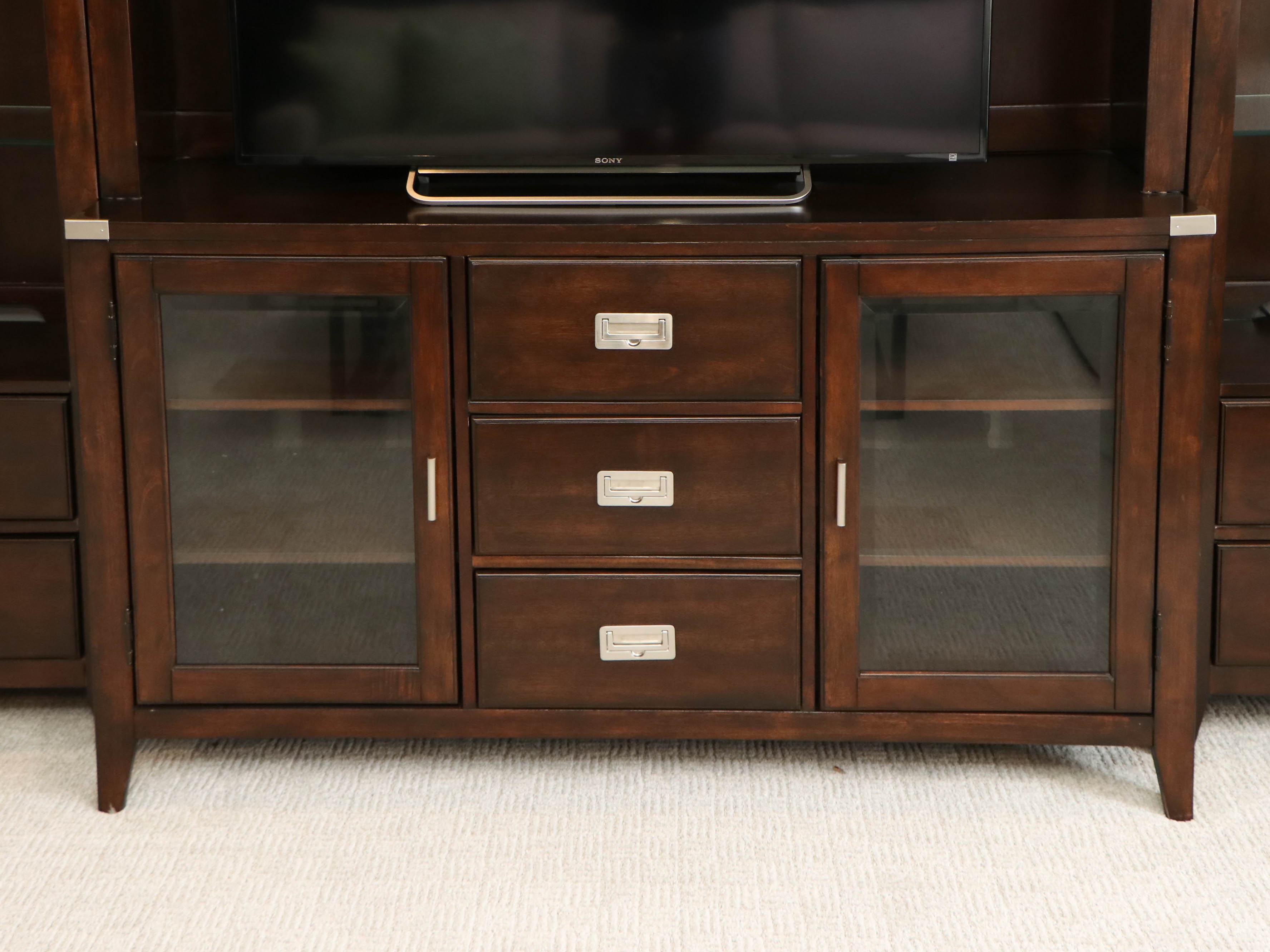 Mahogany-Stained 5-Piece Entertainment Center with Overhead Lighting