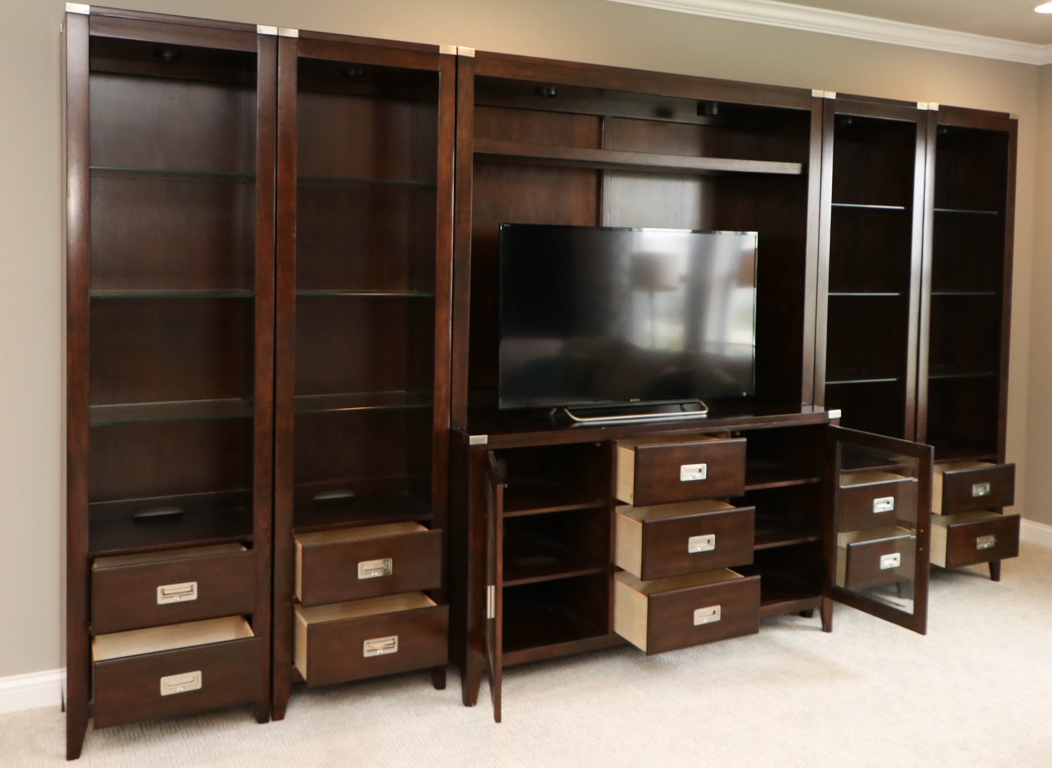 Mahogany-Stained 5-Piece Entertainment Center with Overhead Lighting