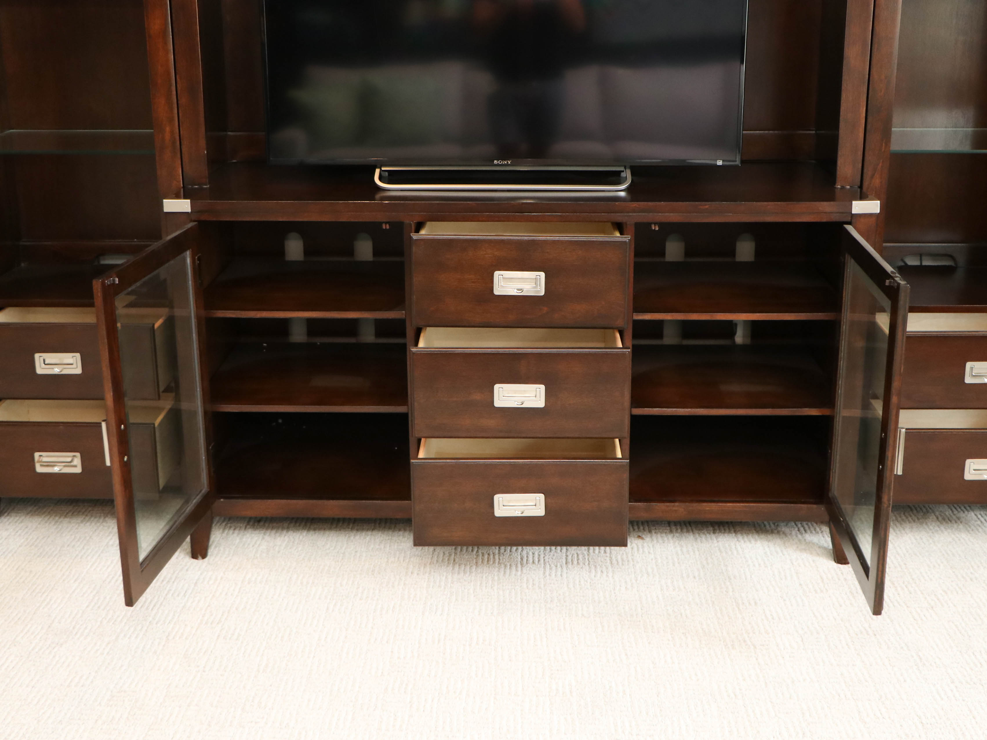 Mahogany-Stained 5-Piece Entertainment Center with Overhead Lighting