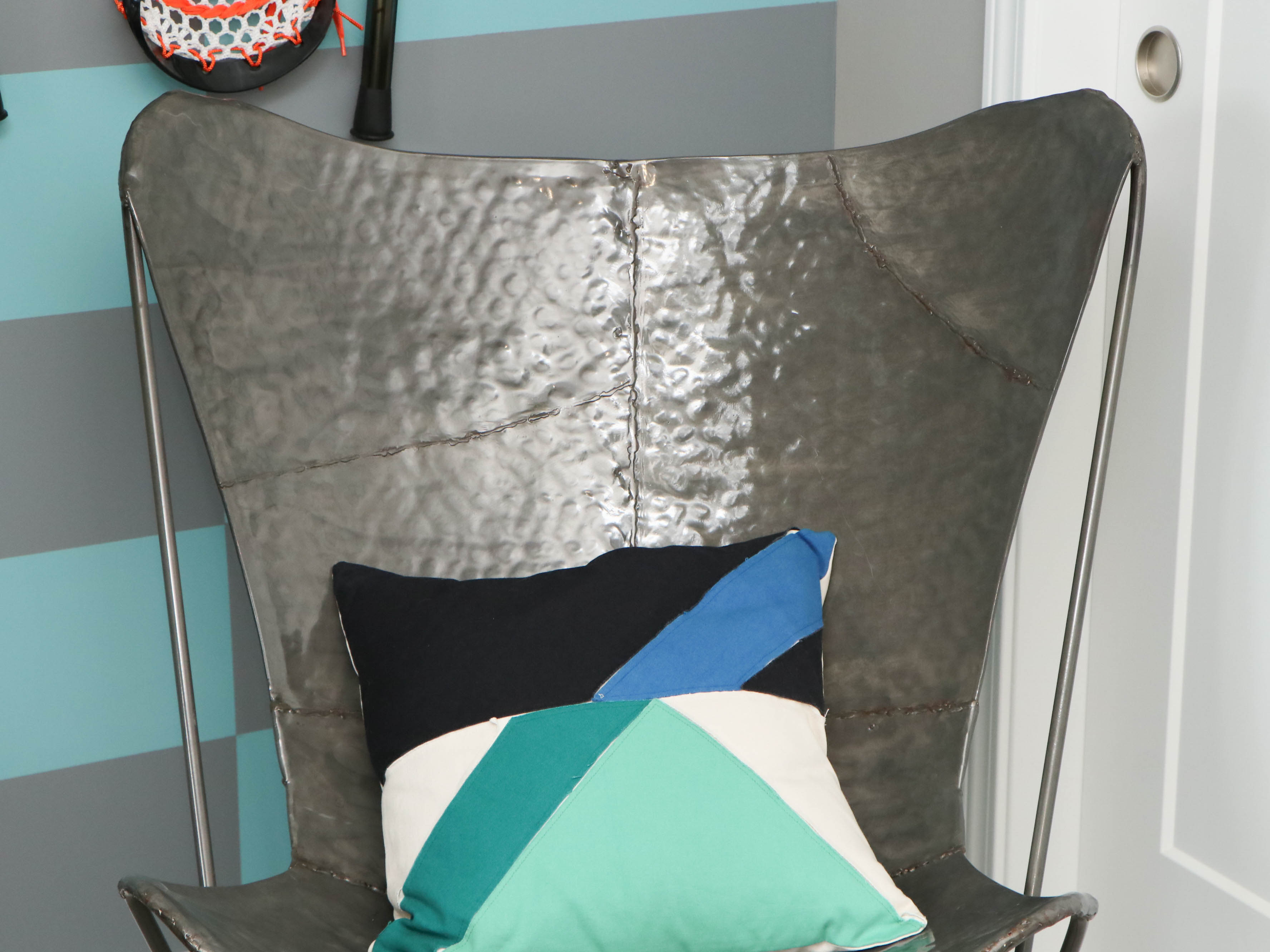 Modern Hammered Metal Side Chair with Decorative Pillow