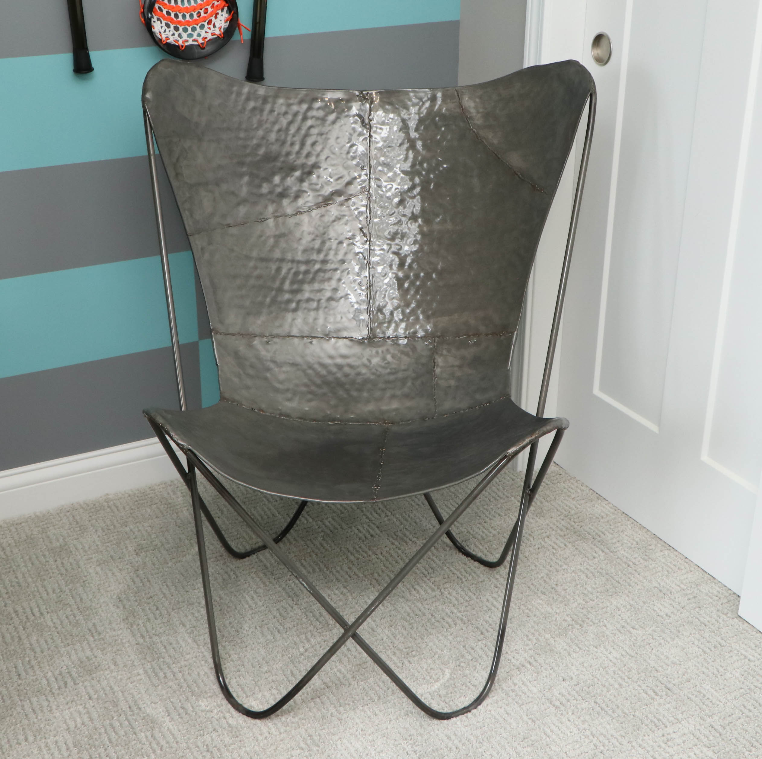 Modern Hammered Metal Side Chair with Decorative Pillow