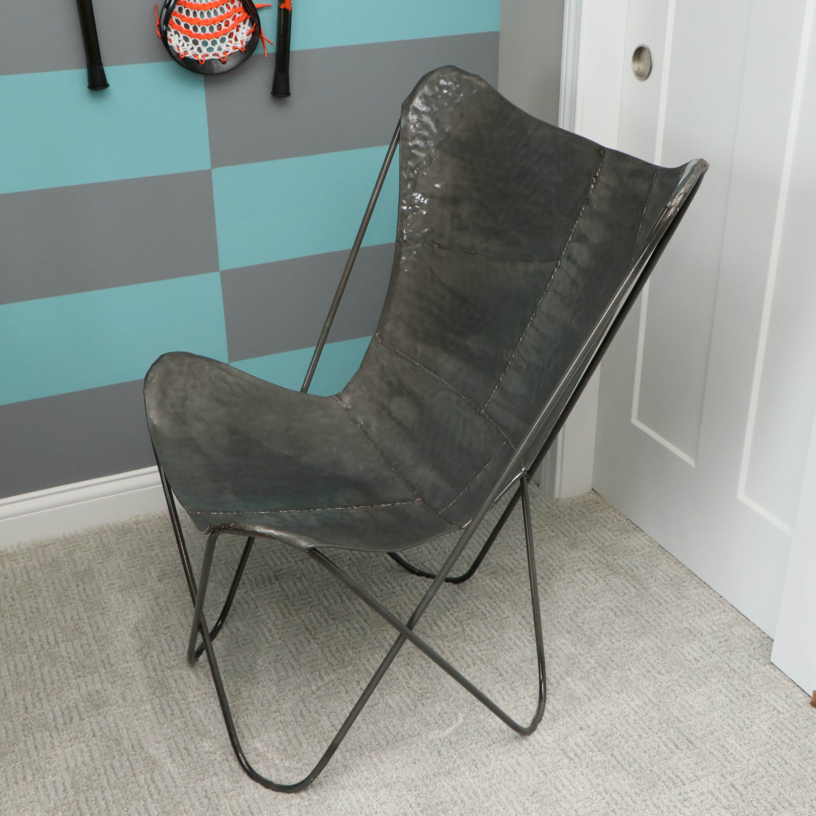Modern Hammered Metal Side Chair with Decorative Pillow