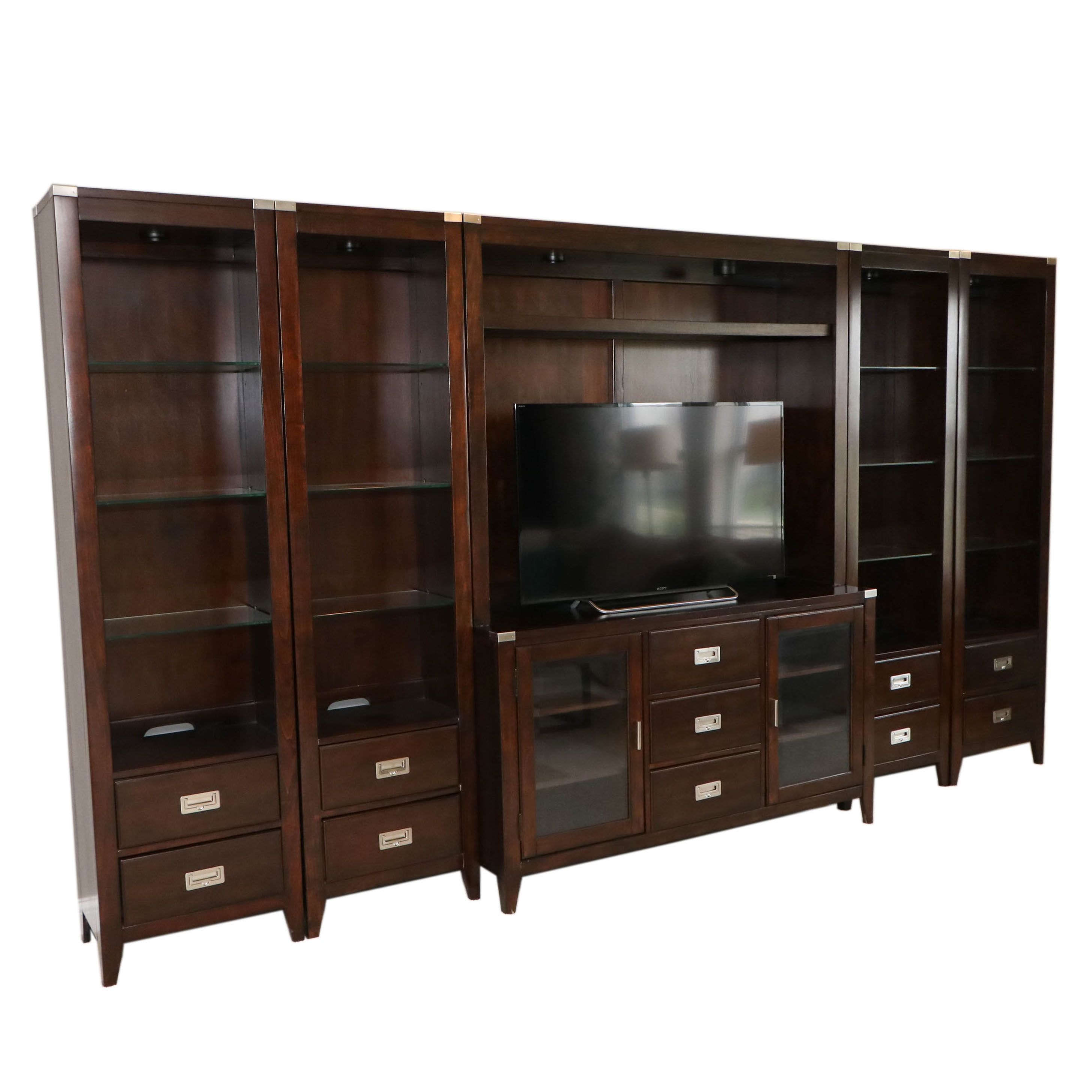 Mahogany-Stained 5-Piece Entertainment Center with Overhead Lighting