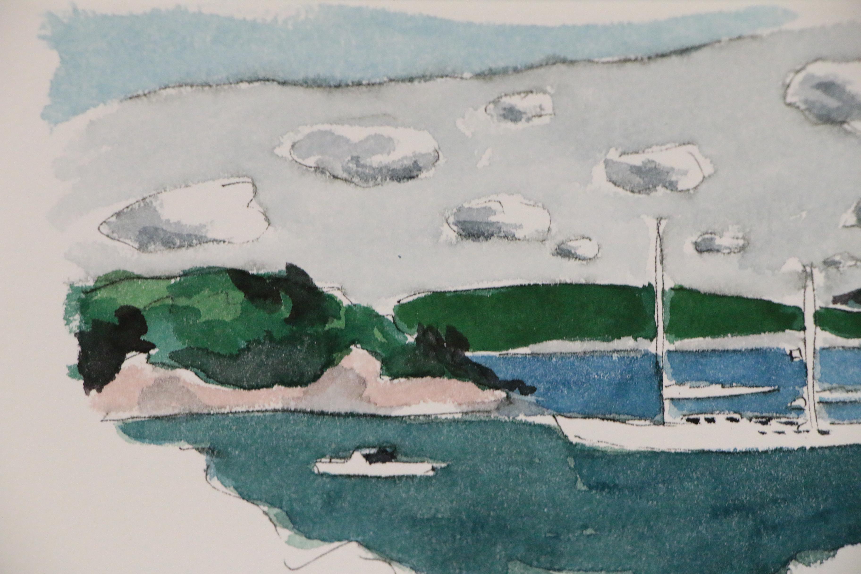 Robert Herrmann Watercolor Painting of Coastal Scene with Sailboat, 1995