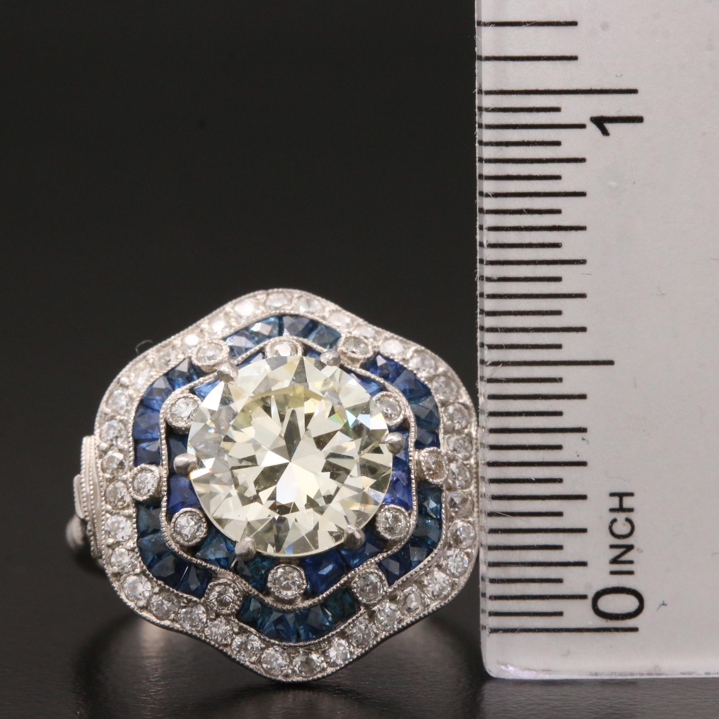 Art Deco Platinum 3.63 CTW Diamond and Blue Sapphire Ring
