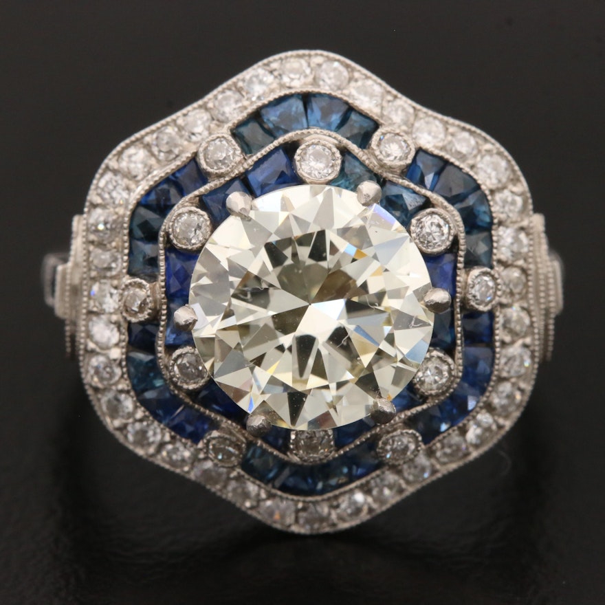 Art Deco Platinum 3.63 CTW Diamond and Blue Sapphire Ring