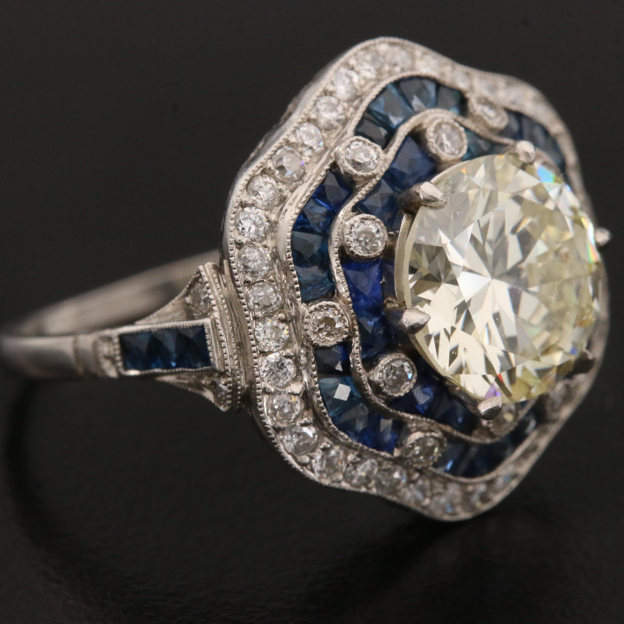 Art Deco Platinum 3.63 CTW Diamond and Blue Sapphire Ring