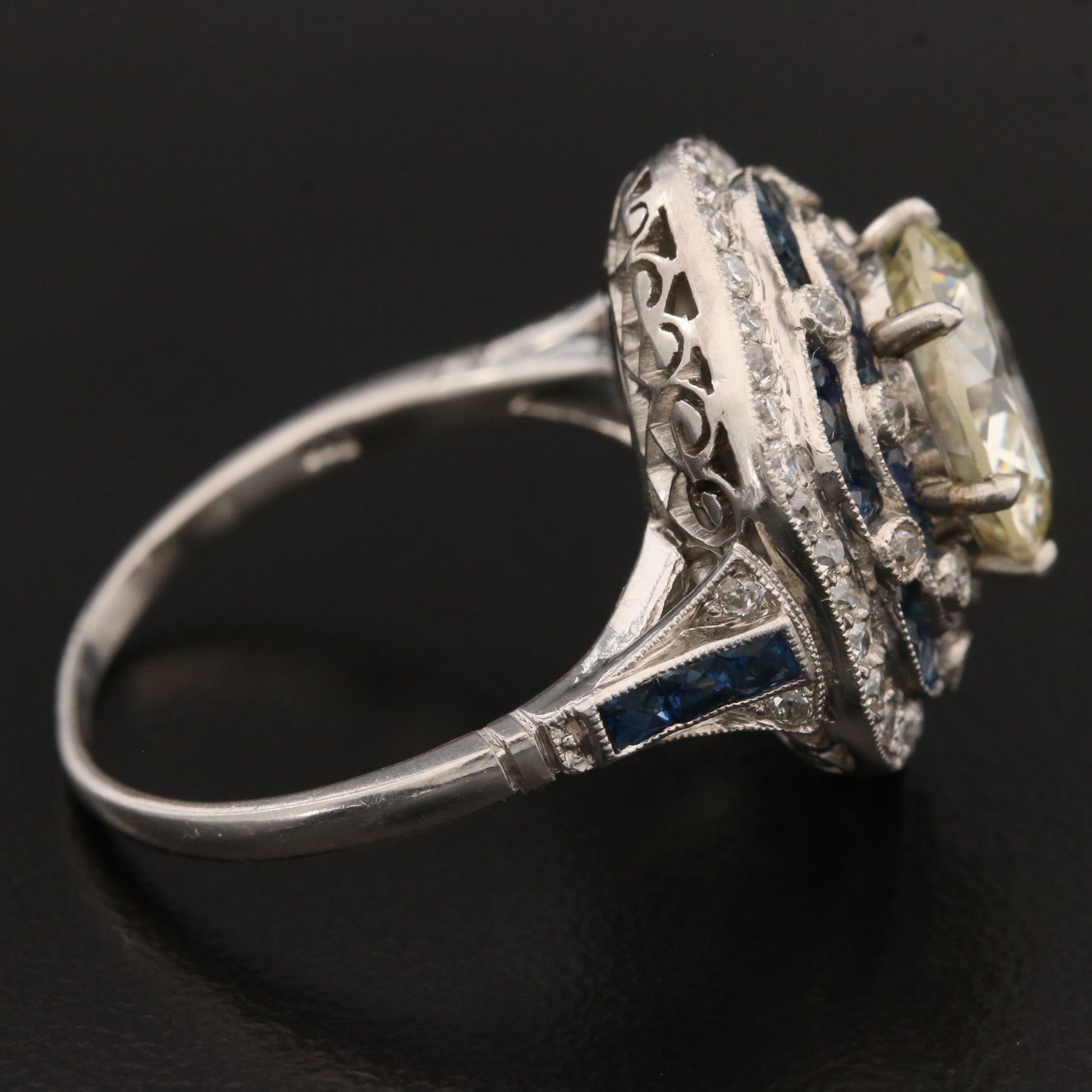 Art Deco Platinum 3.63 CTW Diamond and Blue Sapphire Ring