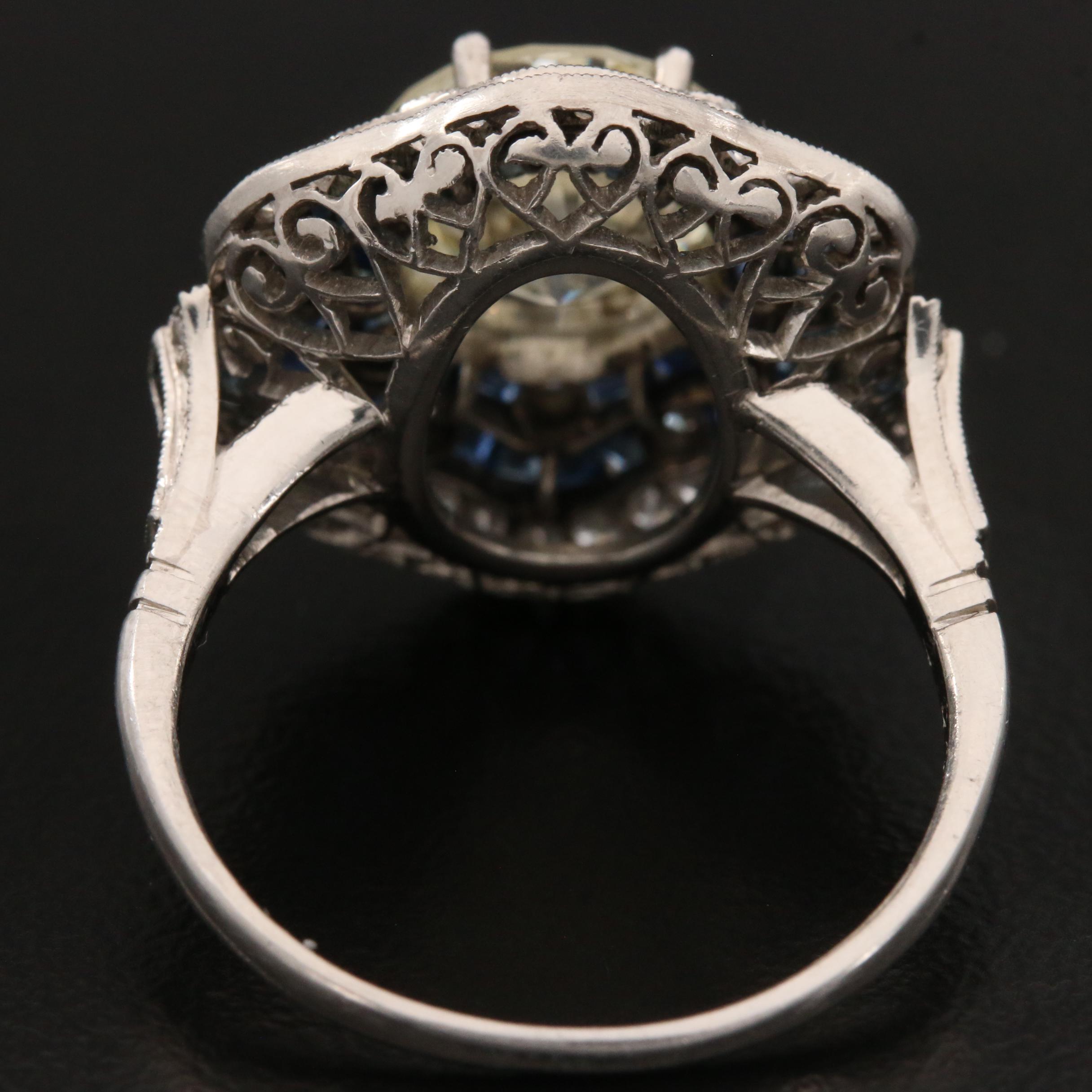 Art Deco Platinum 3.63 CTW Diamond and Blue Sapphire Ring