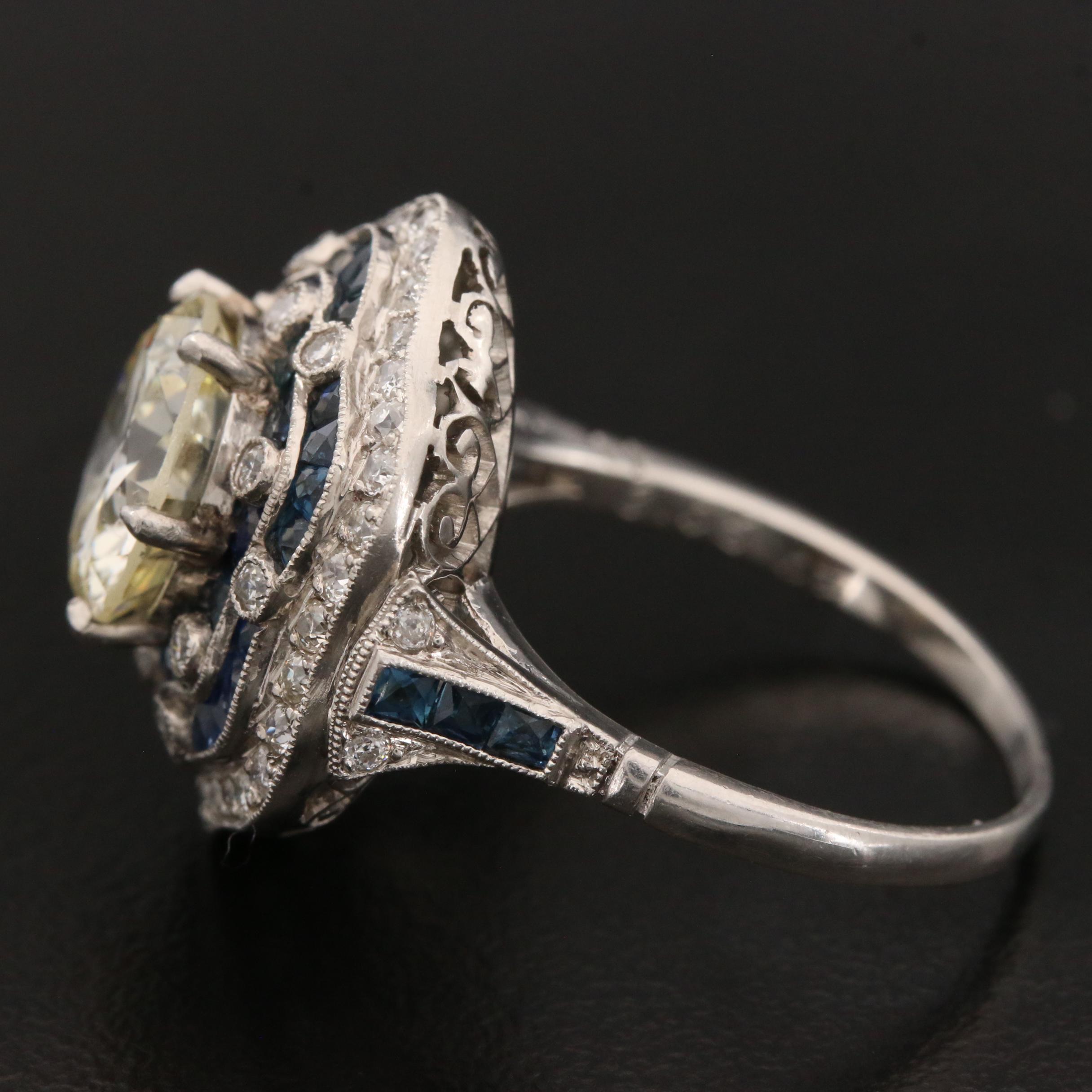 Art Deco Platinum 3.63 CTW Diamond and Blue Sapphire Ring