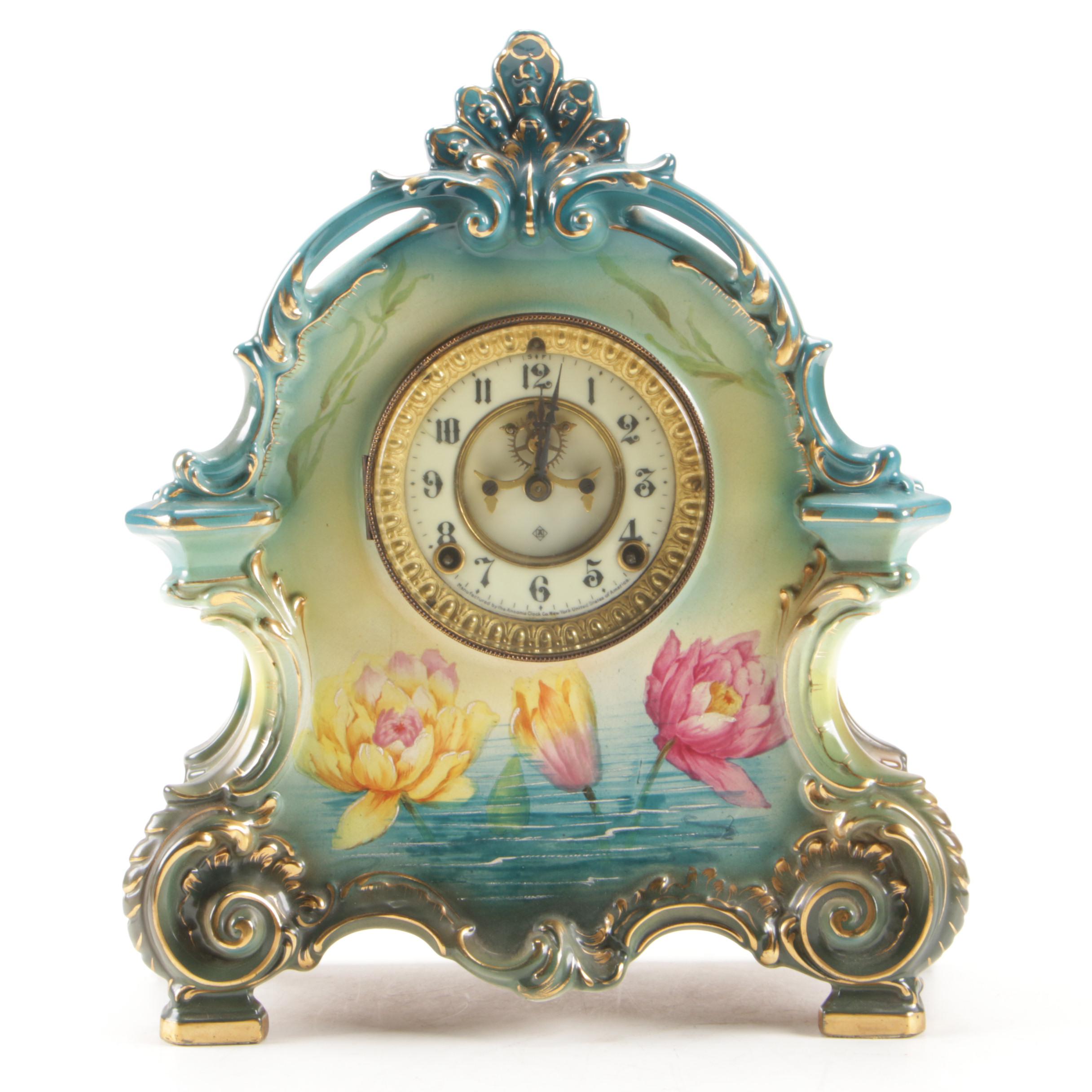 Ansonia Royal Bonn "La Bretagne" Porcelain Mantel Clock, Late 19th Century