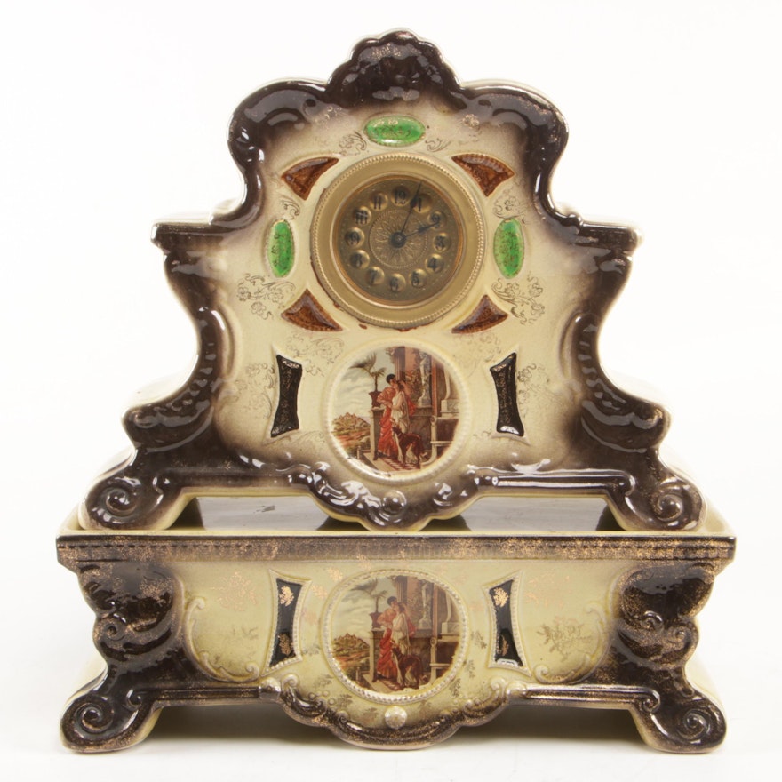 Italian Art Nouveau Style Hand-Painted Porcelain Mantel Clock, Late 19th Century