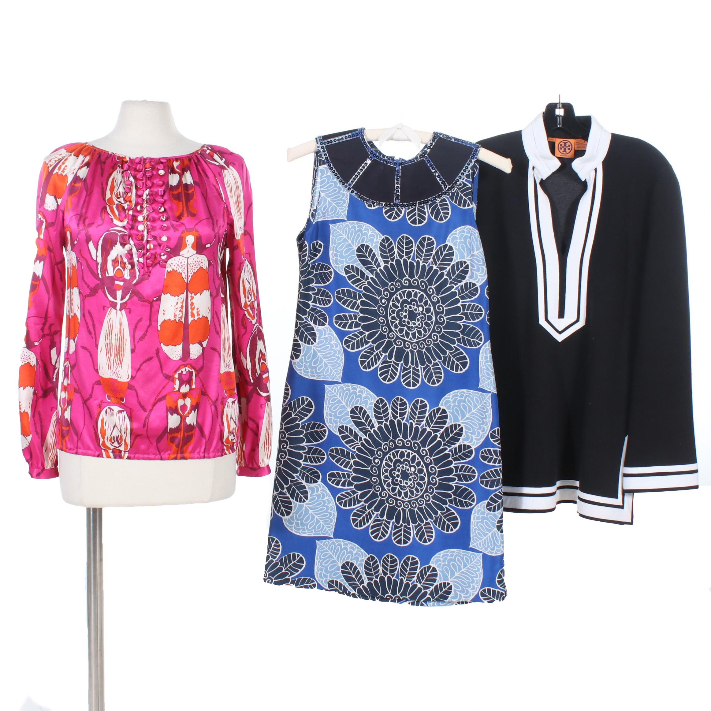 Tory Burch Printed Silk Blouse, Printed Cotton Dress and Black & White Tunic