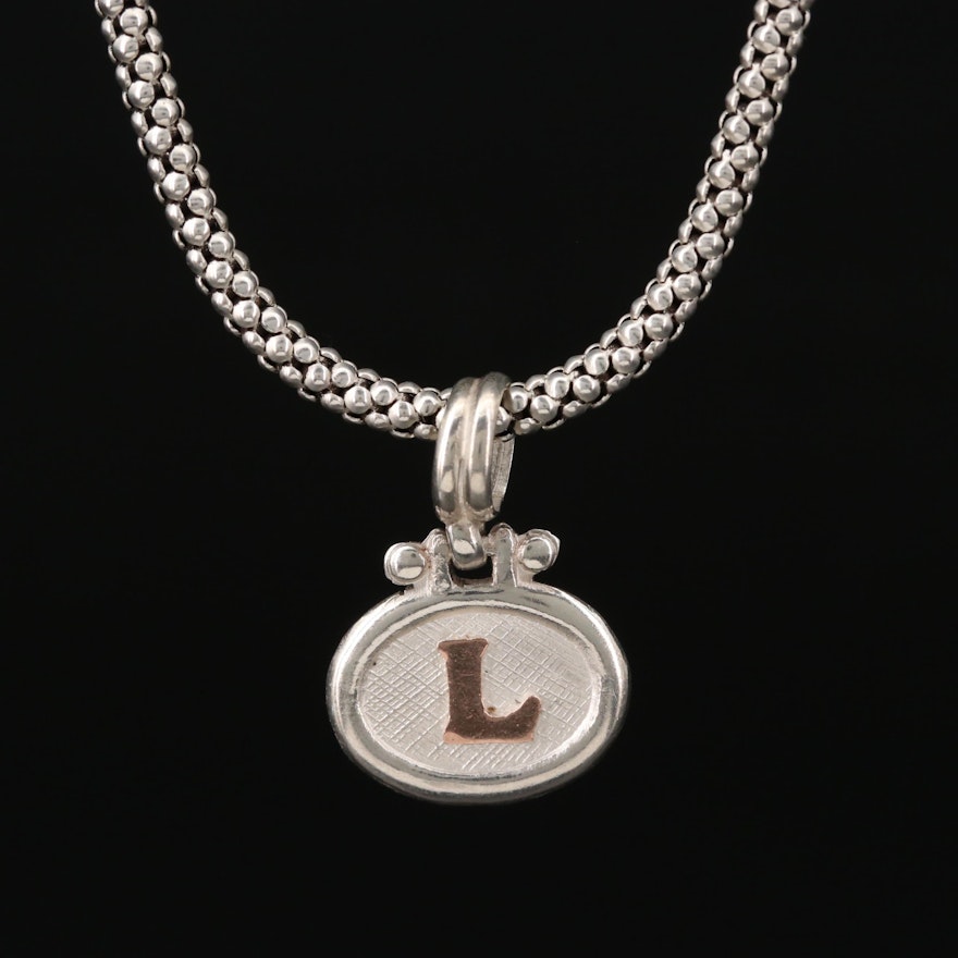 Sterling Silver 'L' Pendant Necklace with 950 Silver and 18K Rose Gold Accents