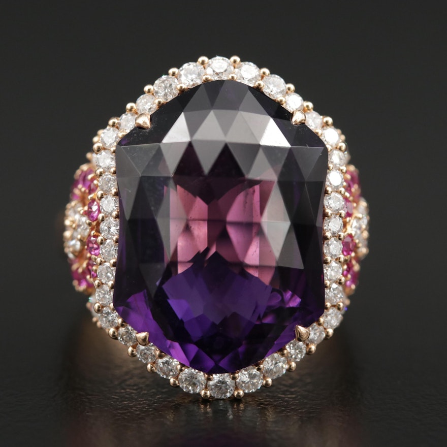 14K Yellow Gold Amethyst, Pink Sapphire, and 1.06 CTW Diamond Ring