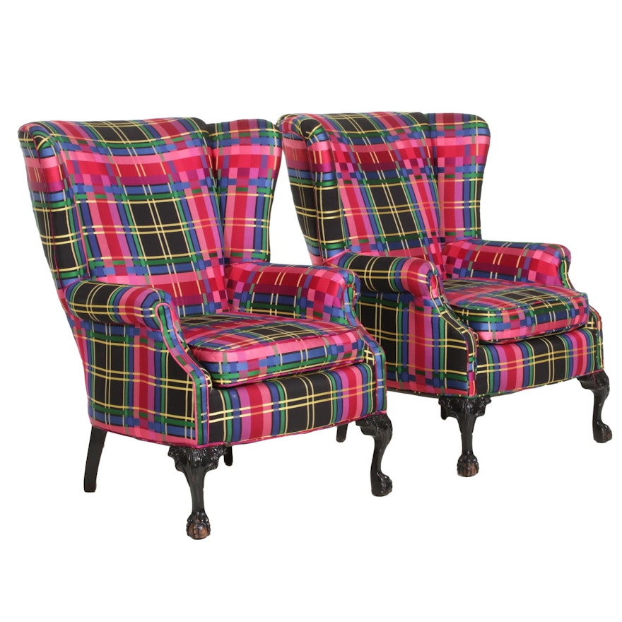 Pair of Bright Plaid Wingback Armchairs