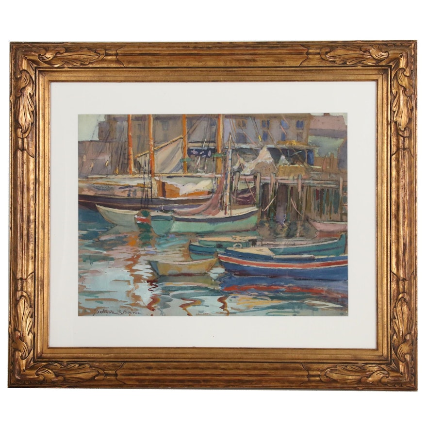 Gertrude B. Bourne Watercolor and Gouache Painting of Harbor Scene