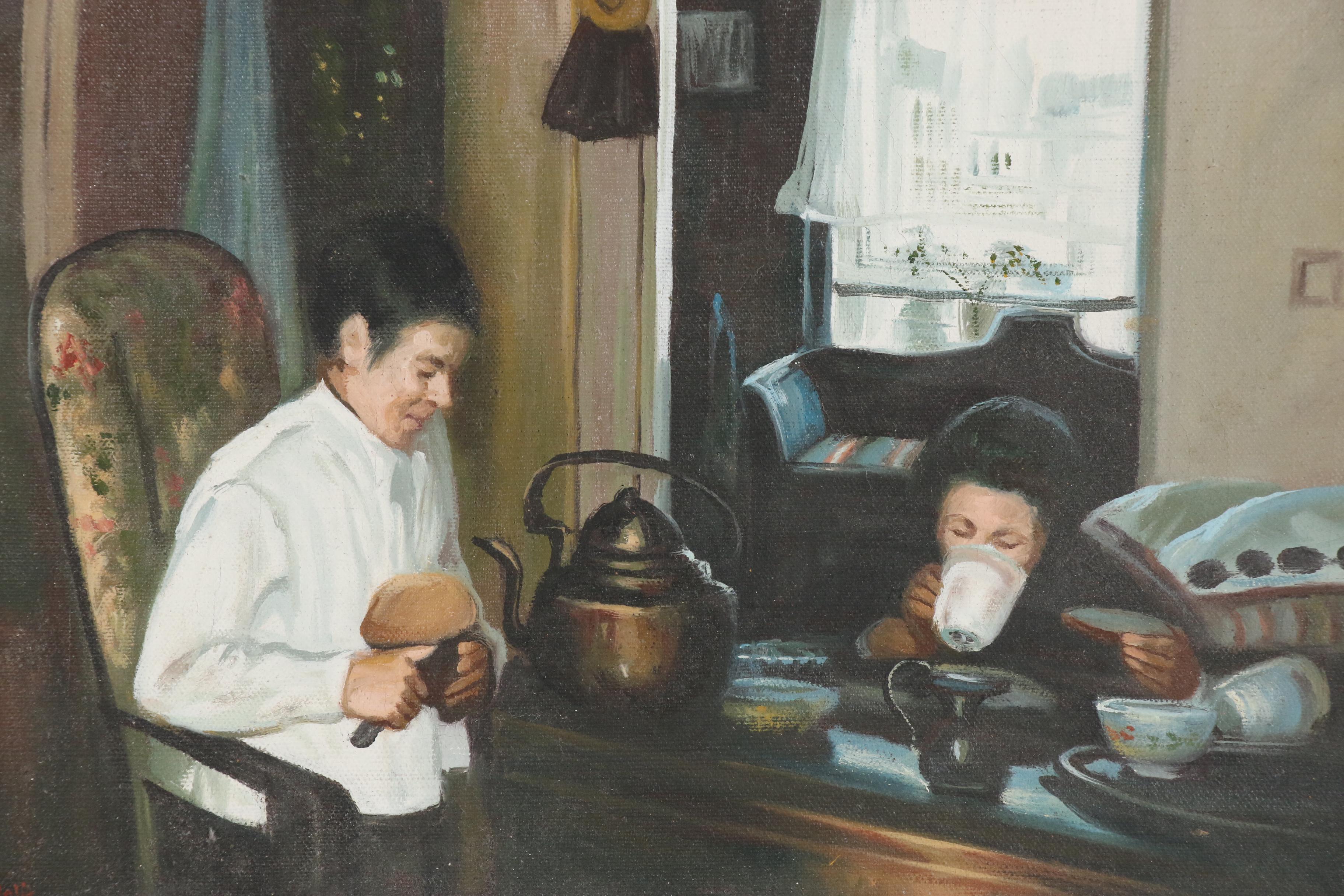 Oil Painting after Gustav Wentzel "Breakfast, the Artist's Mother and Brother"