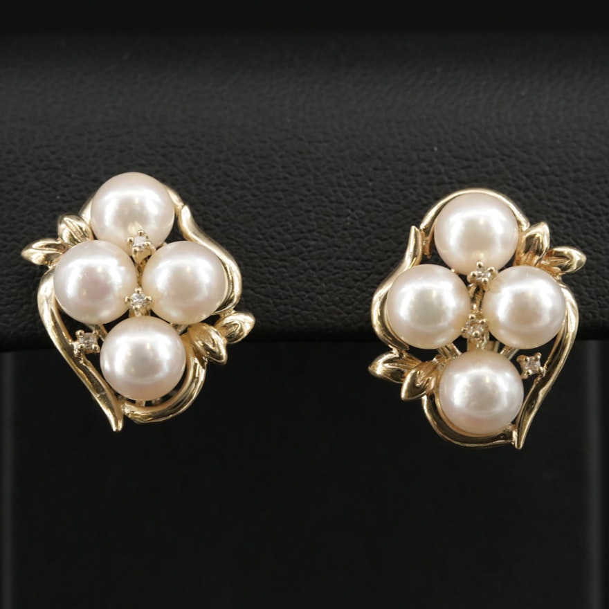 14K Yellow Gold Cultured Pearl and Diamond Cluster Earrings