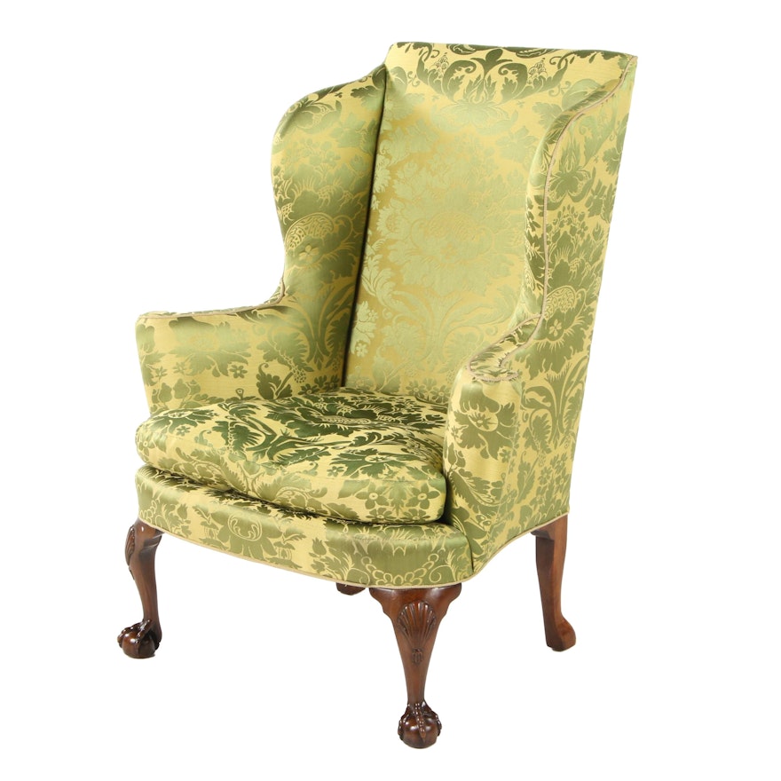 Chippendale Style Green Silk Damask Wingback Armchair