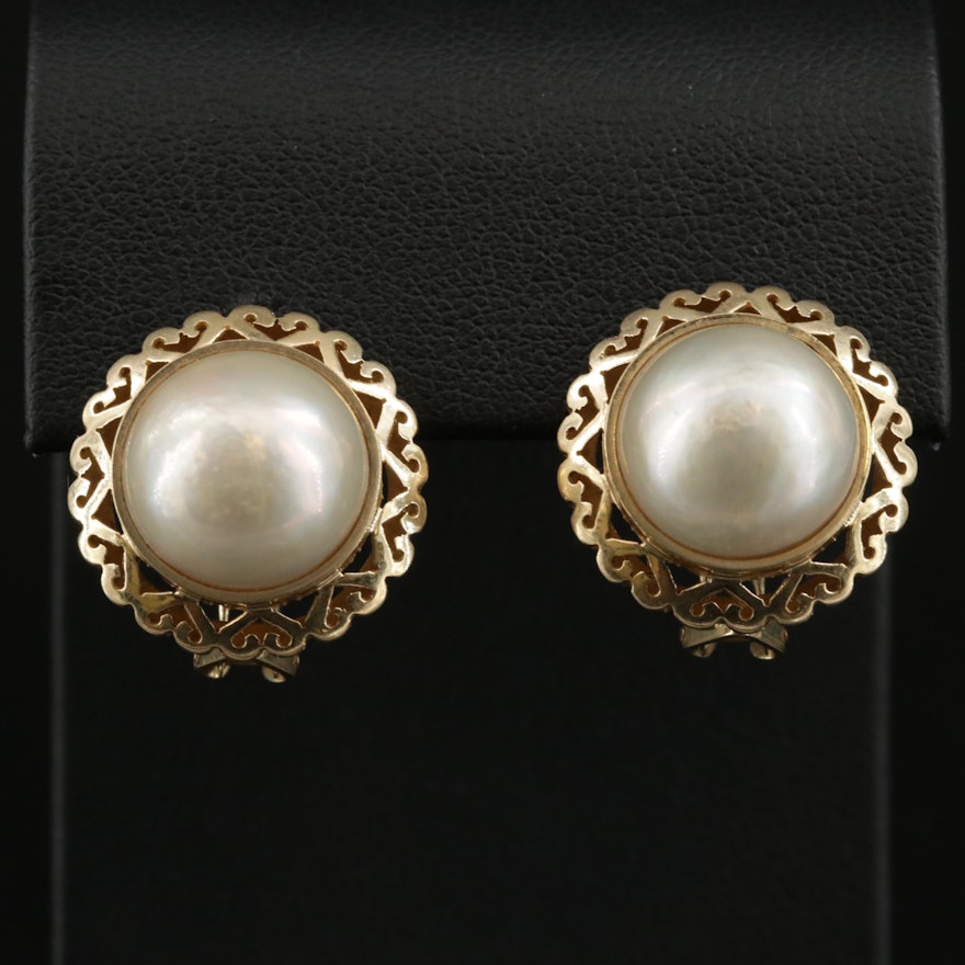 14K Gold Pearl Button Earrings