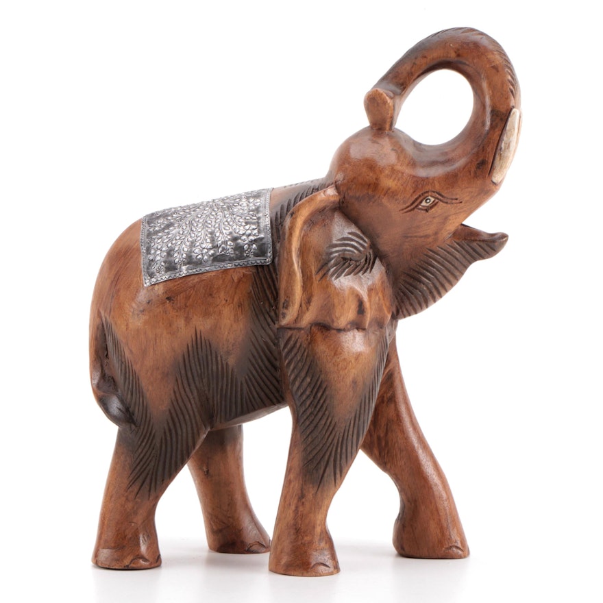 Thai Style Carved Wood and Metal Elephant Sculpture