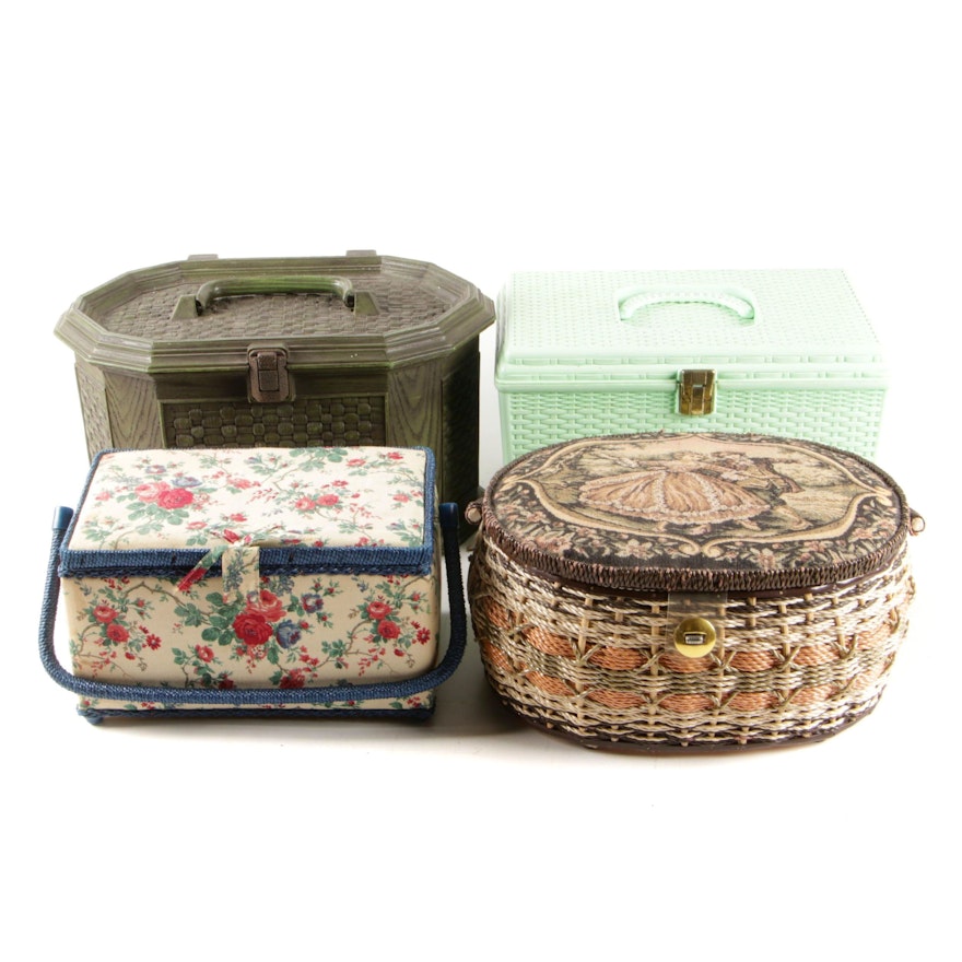 Woven Plastic and Fabric Sewing Boxes with Buttons, Mid to Late 20th Century